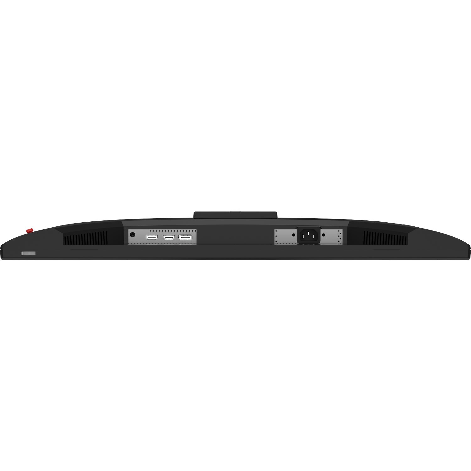 Back of a black monitor showing ports like USB and power.