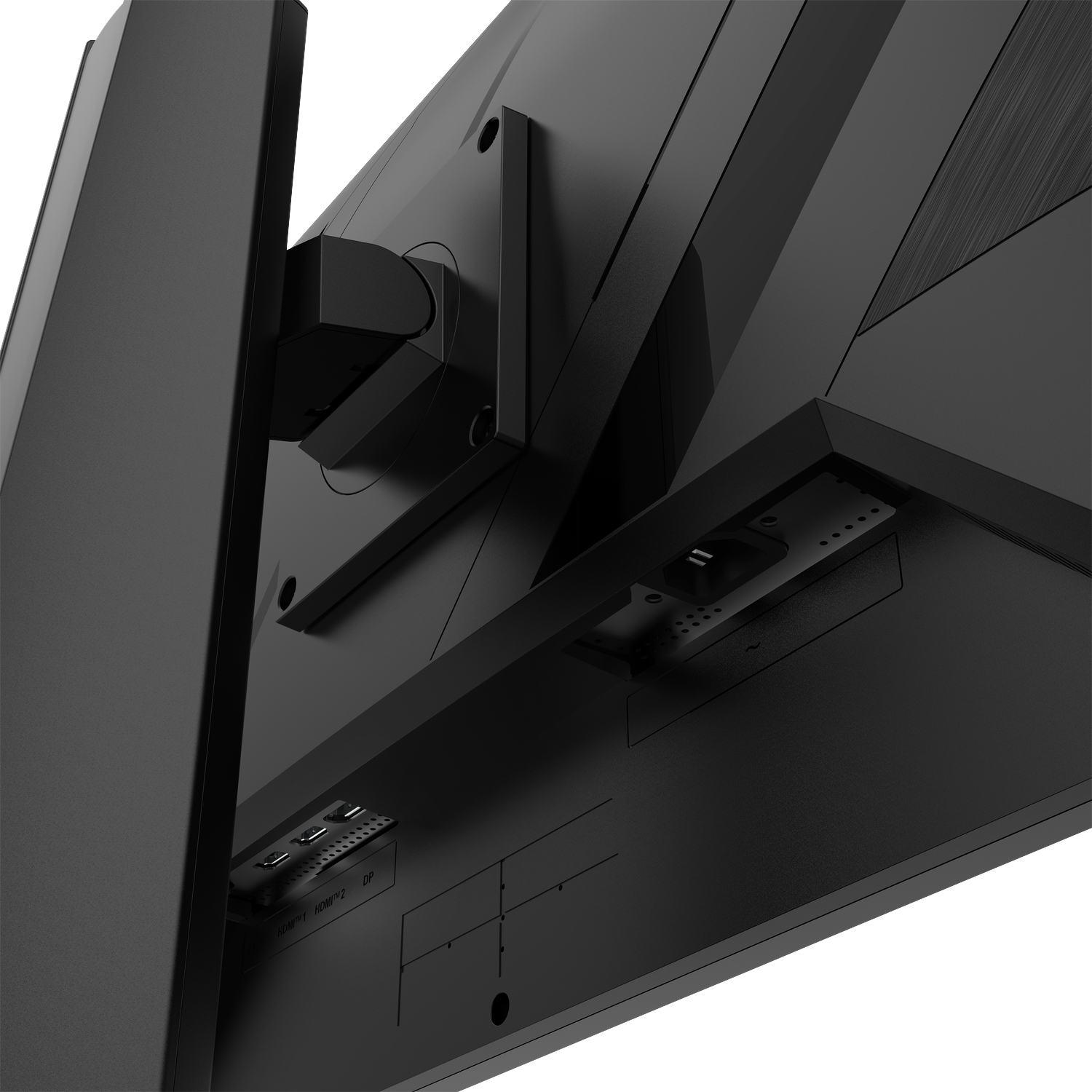 Back of a black monitor showing ports like HDMI and DP.