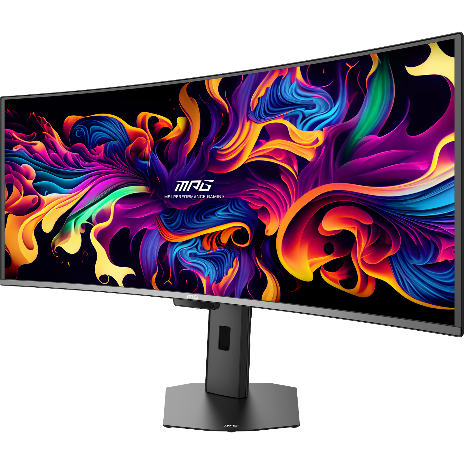 A curved MSI monitor displays a vibrant, abstract colorful graphic with the MPG logo.