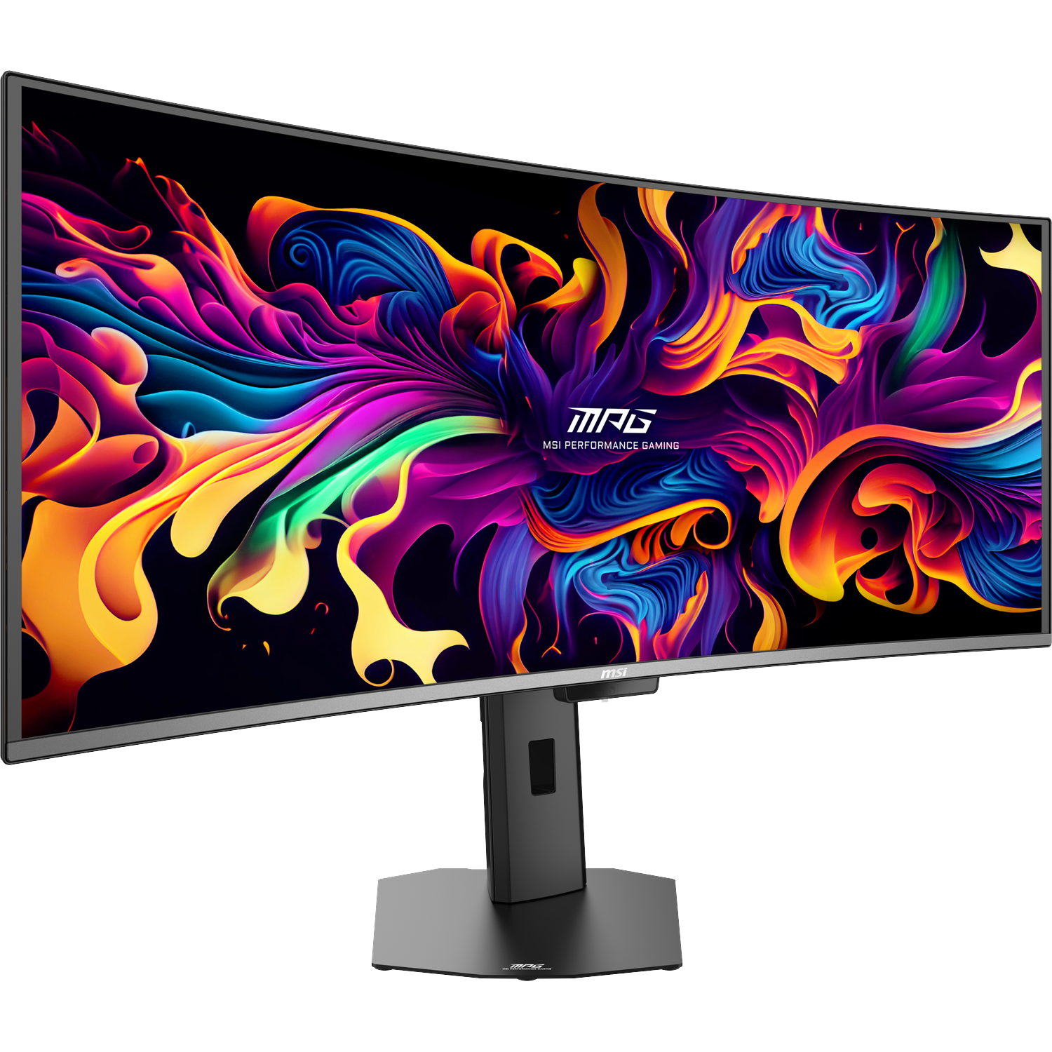 A curved MSI gaming monitor displaying a vibrant abstract background on a silver stand.