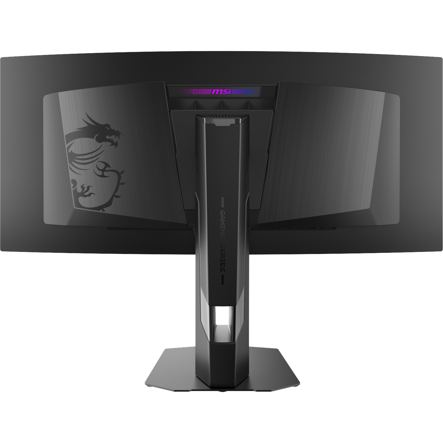 Back of a black MSI Gaming monitor with dragon logo and RGB lighting.