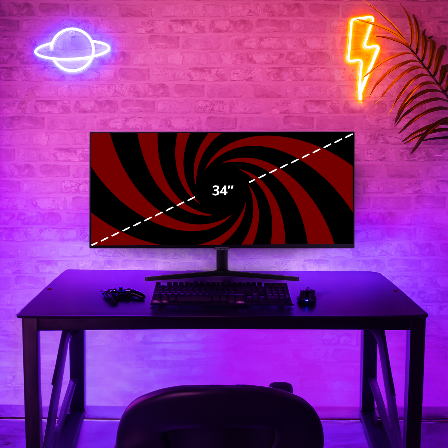 A gaming desk with a monitor, keyboard, mouse, and controller in front of a brick wall.