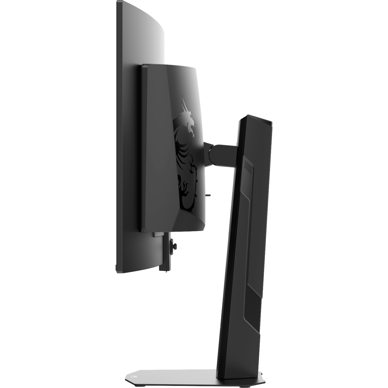 Black monitor with MSI dragon logo on back, on a silver stand.