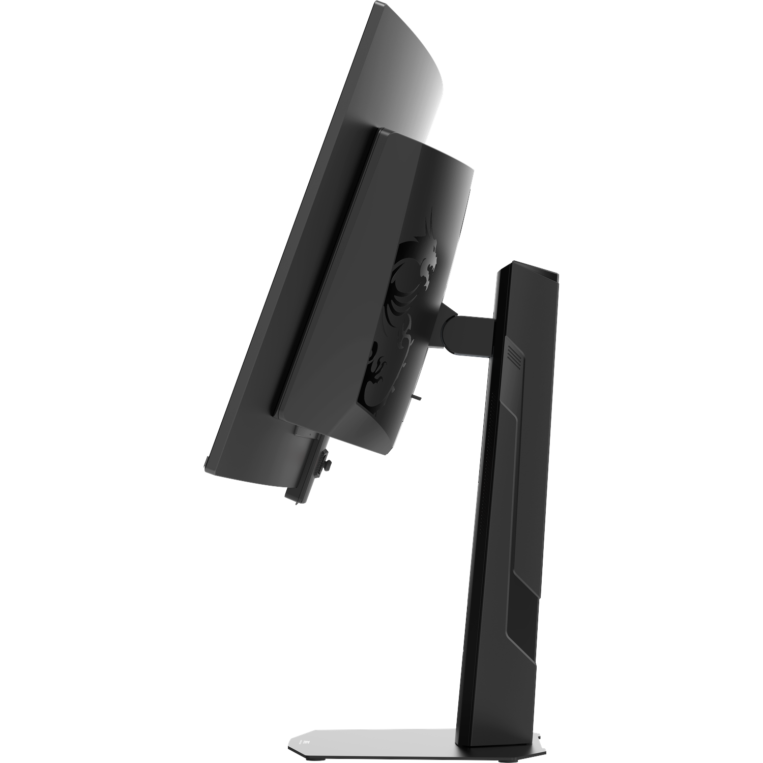 Black computer monitor with dragon logo on back, on a slim stand.