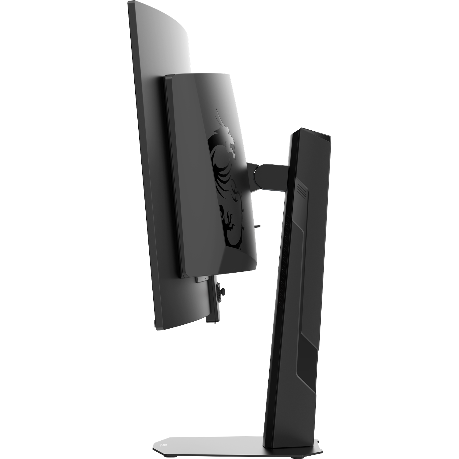 A black gaming monitor with a curved display and a dragon logo on the back.