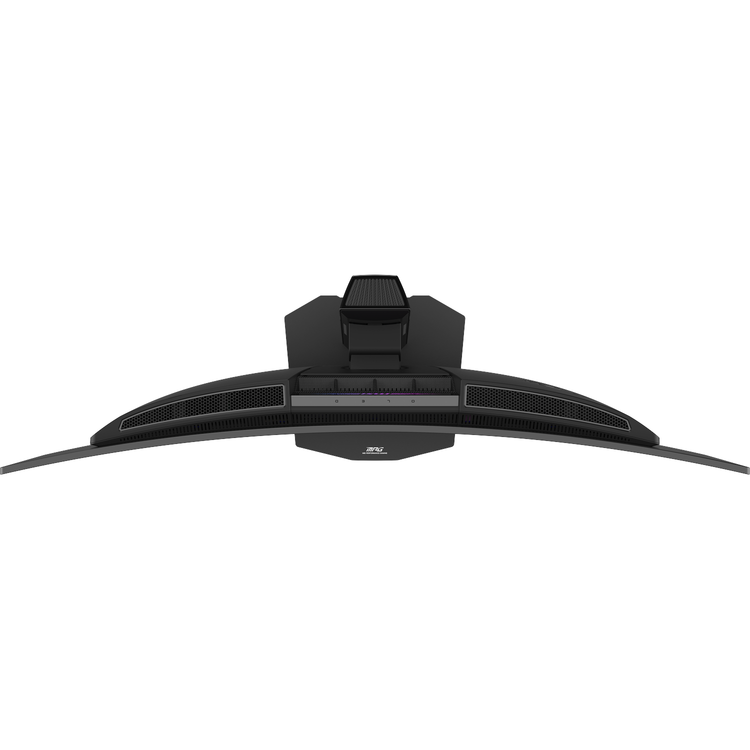 Top view of a black, curved monitor with vents and ports. Minimalist design.