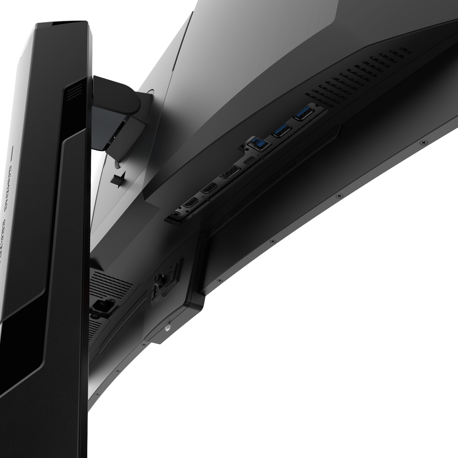 Rear view of a black monitor showing ports and ventilation slots.