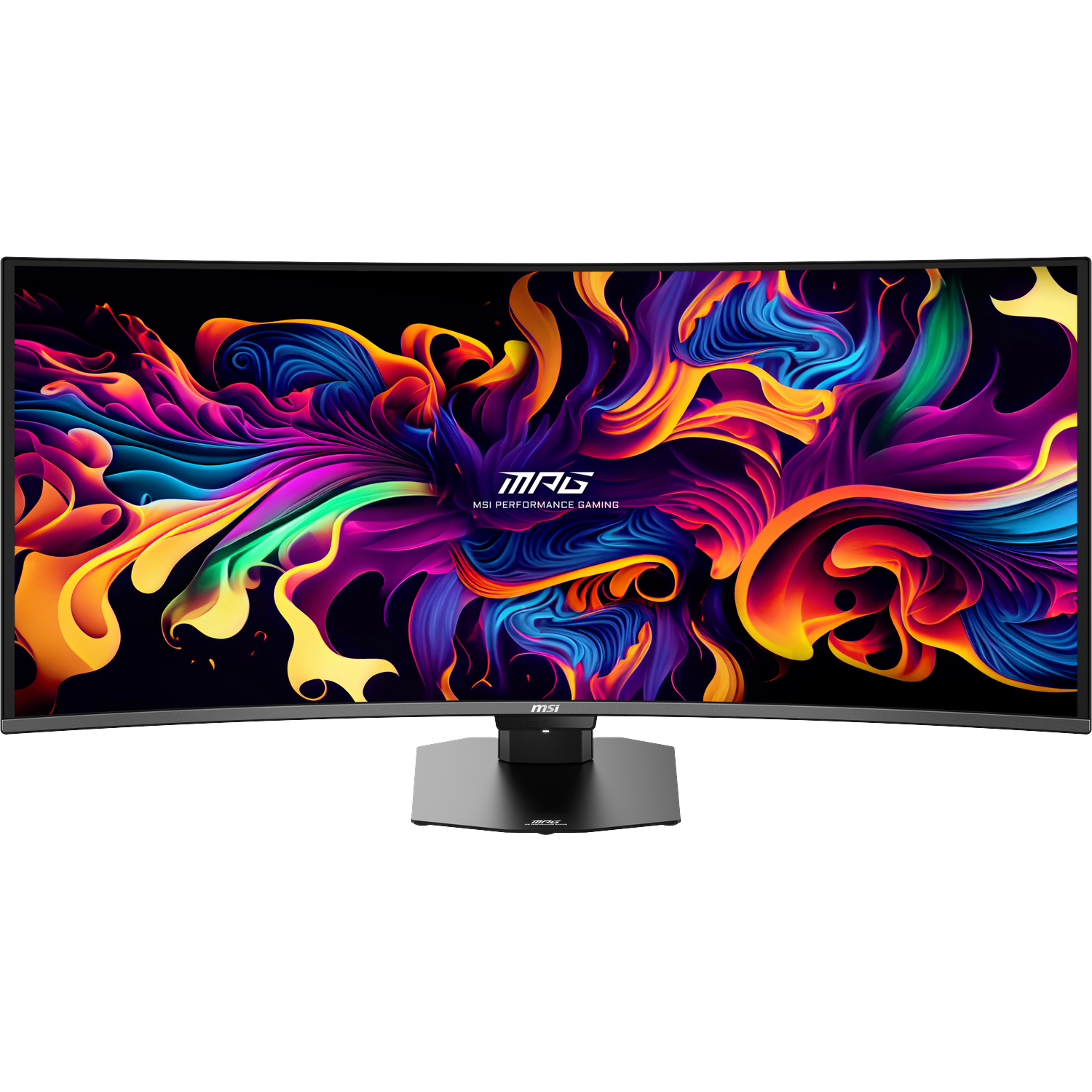 A curved MSI gaming monitor displaying a colorful, abstract wallpaper.