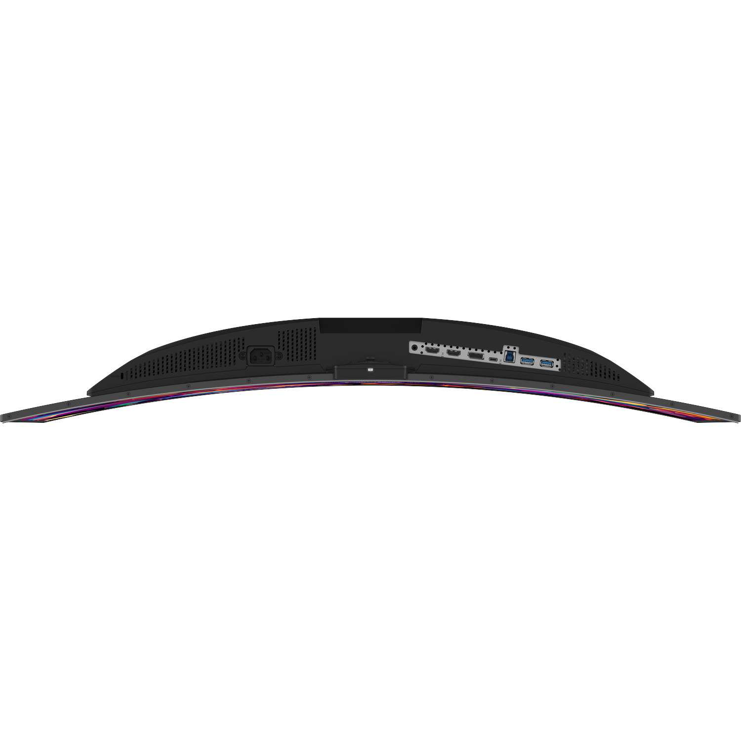 Back of a curved monitor showing ports and RGB lighting.