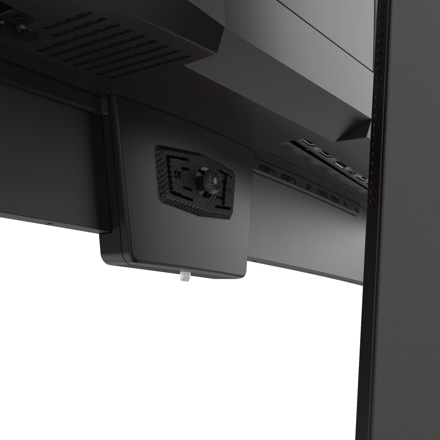 Close-up of a black monitor's ports, showing HDMI and DP connections.