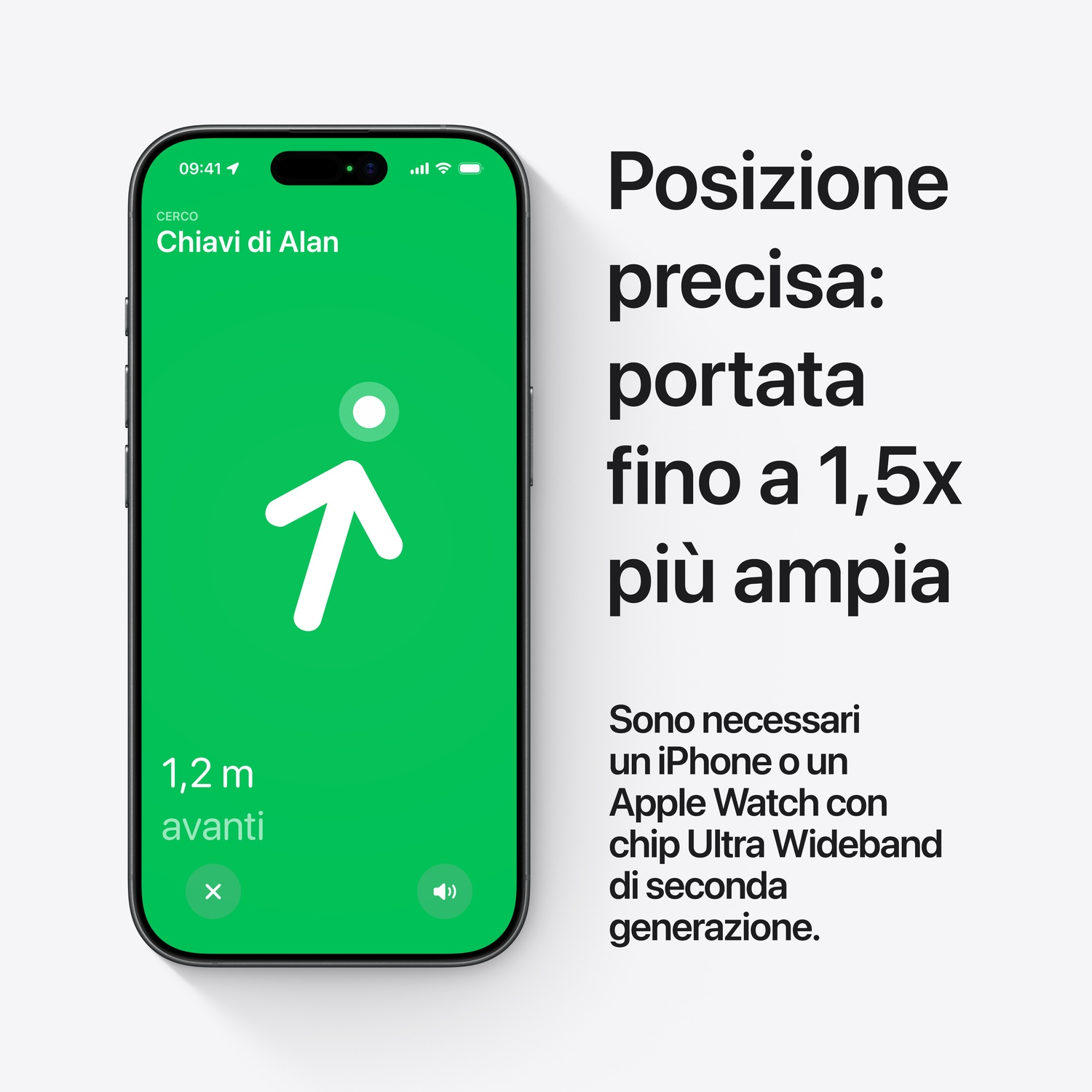 iPhone mostra "Chiavi di Alan" 1,2 m avanti. Posizione precisa.