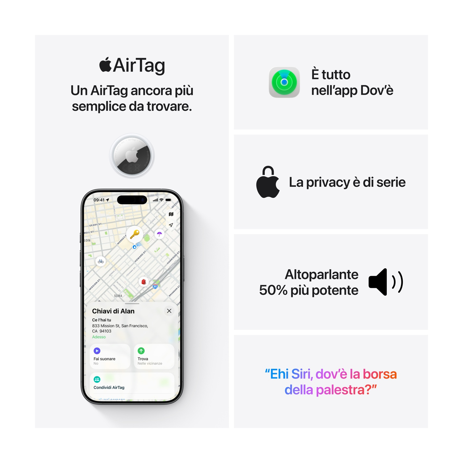AirTag Apple e iPhone mostrano posizione su mappa. Icona altoparlante.