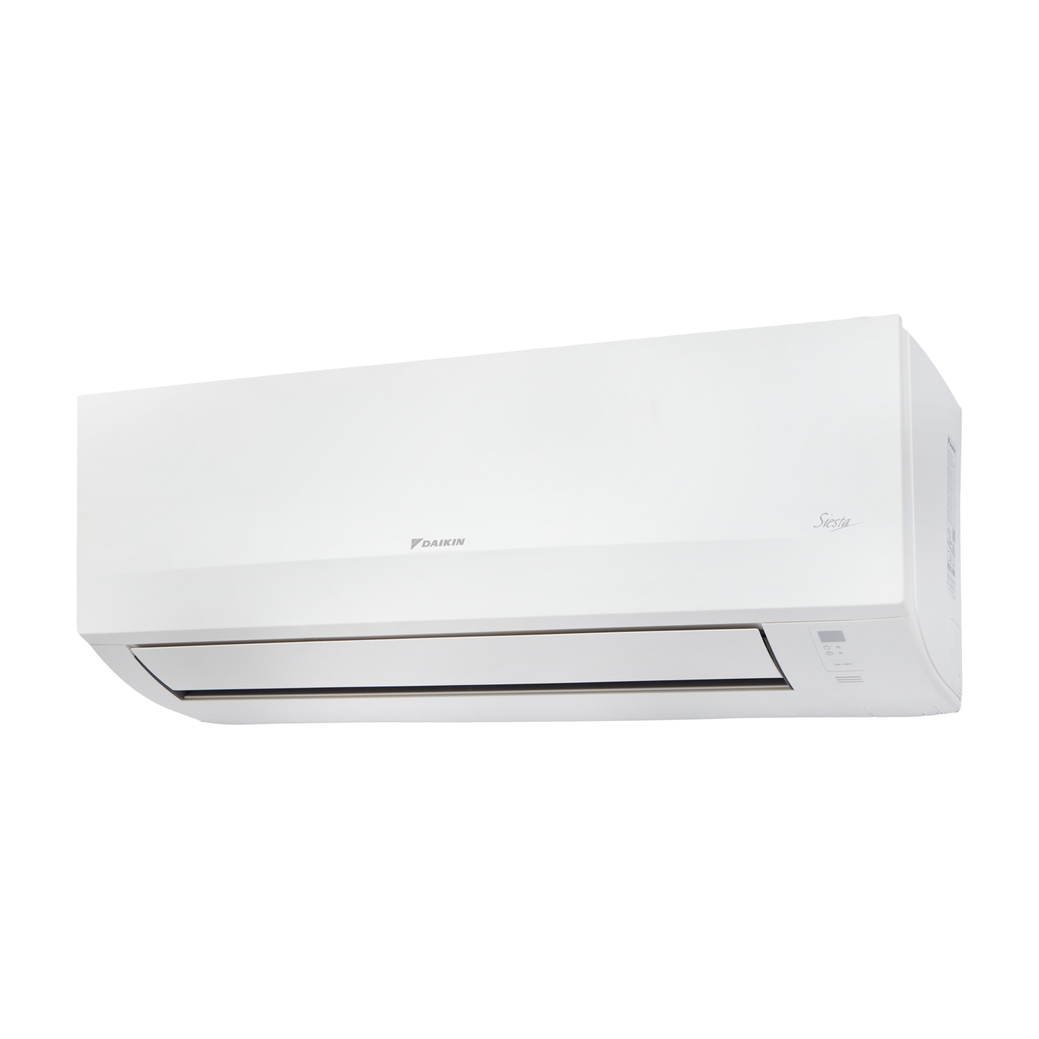 Un condizionatore Daikin bianco con lamelle argentate e pannello di controllo.