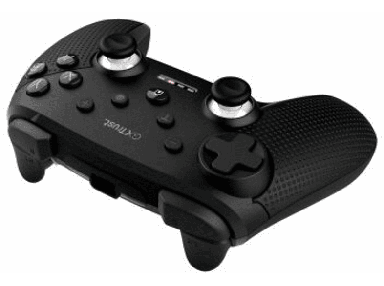 Black gaming controller with two joysticks, buttons, and a directional pad.
