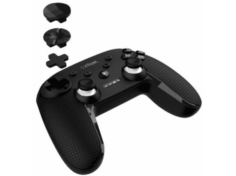 Black gaming controller with extra D-pads and thumbsticks.