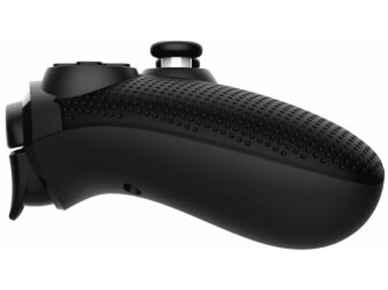 Black game controller with textured grip and joystick.
