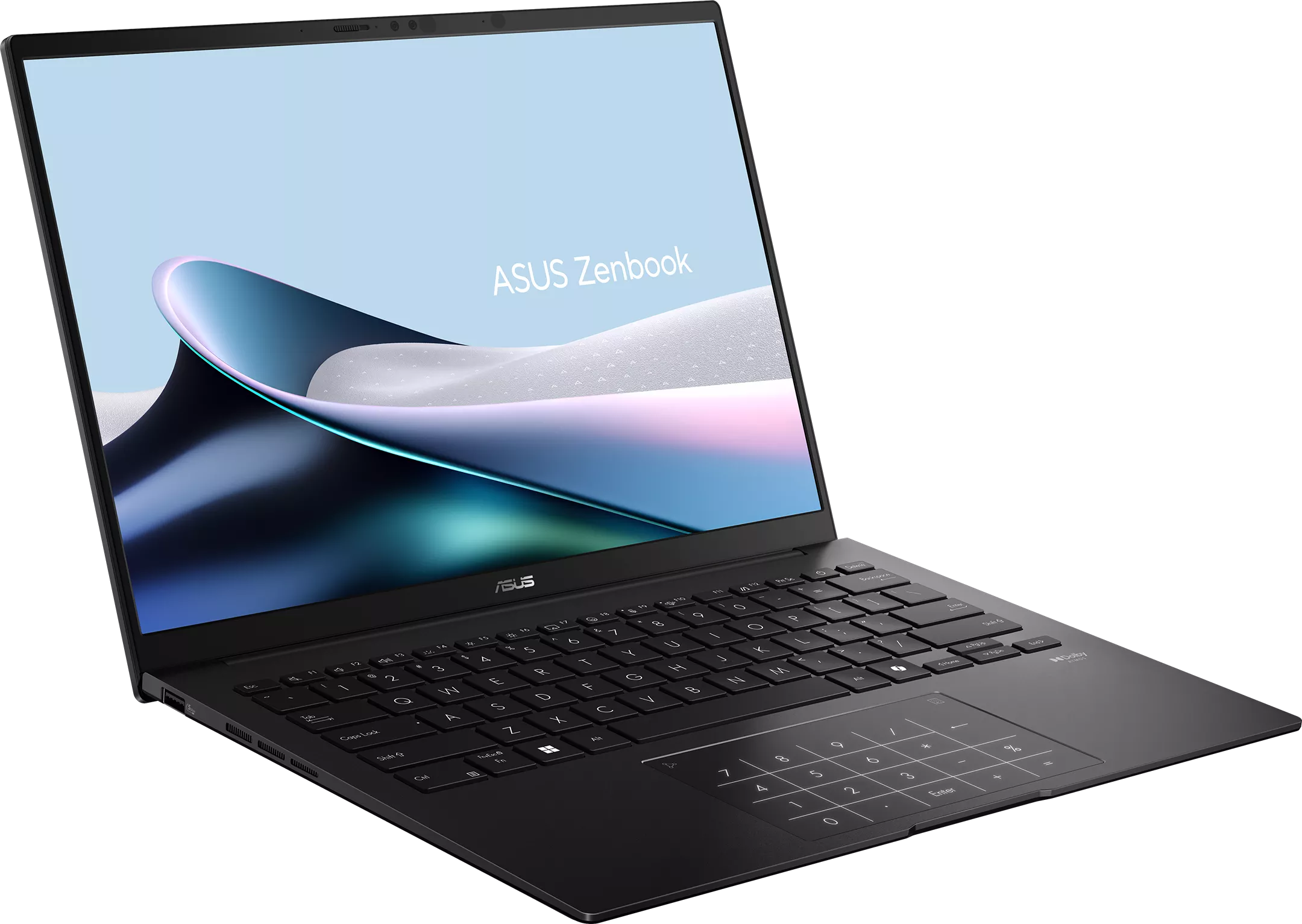 Fekete ASUS Zenbook laptop világító billentyűzettel és érintőpaddal.