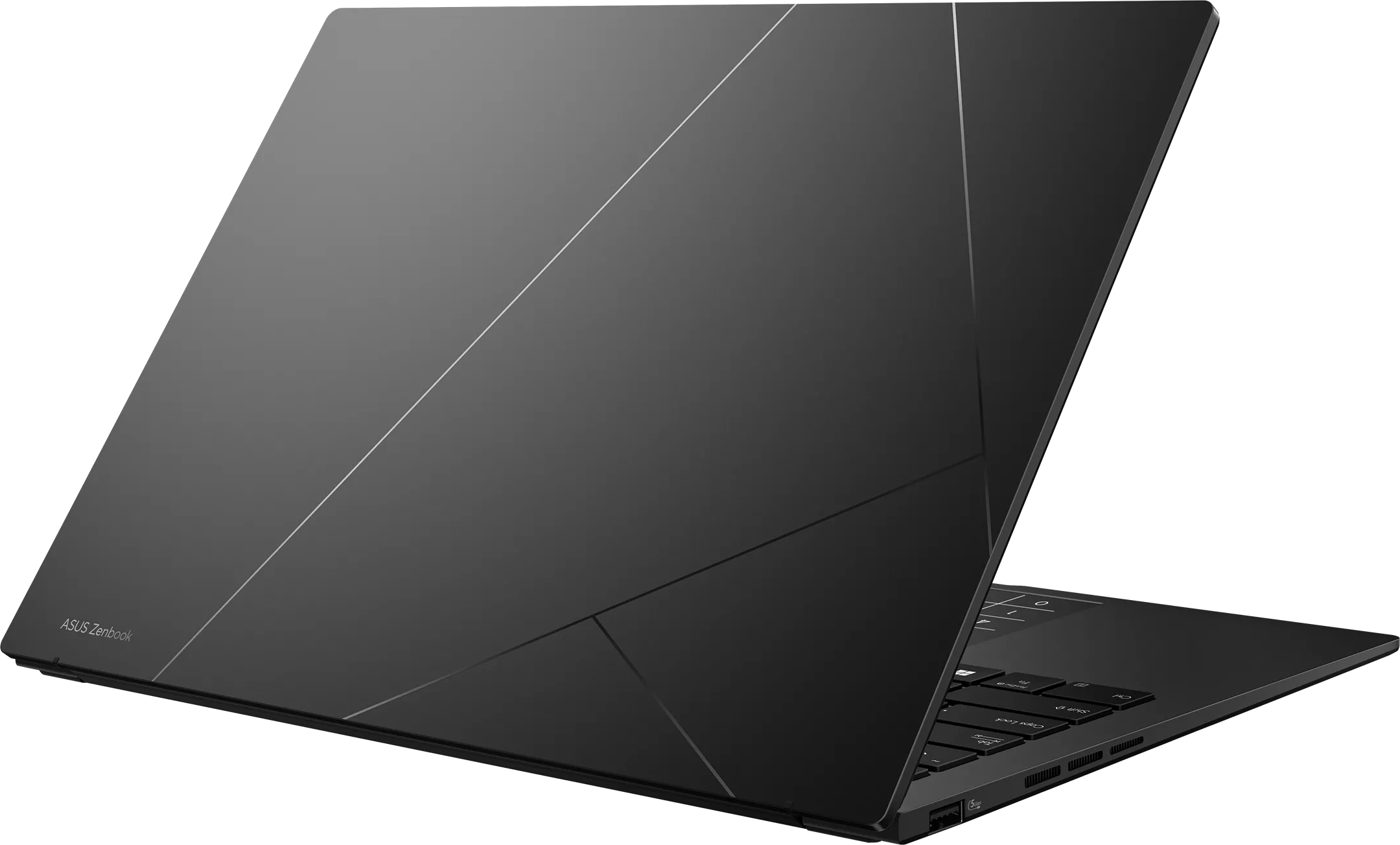 Egy sötét, nyitott laptop ASUS Zenbook logóval és geometrikus vonalakkal.