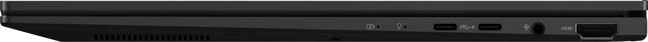 Egy fekete laptop oldala, portokkal: USB-C, HDMI, fejhallgató.