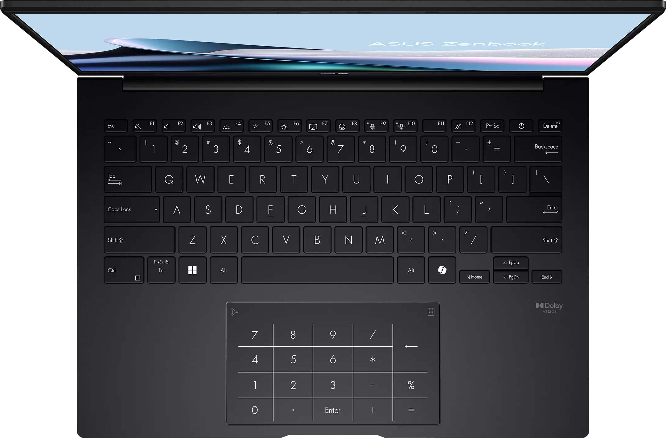 Fekete laptop nyitott fedéllel, billentyűzet és numerikus érintőpad.