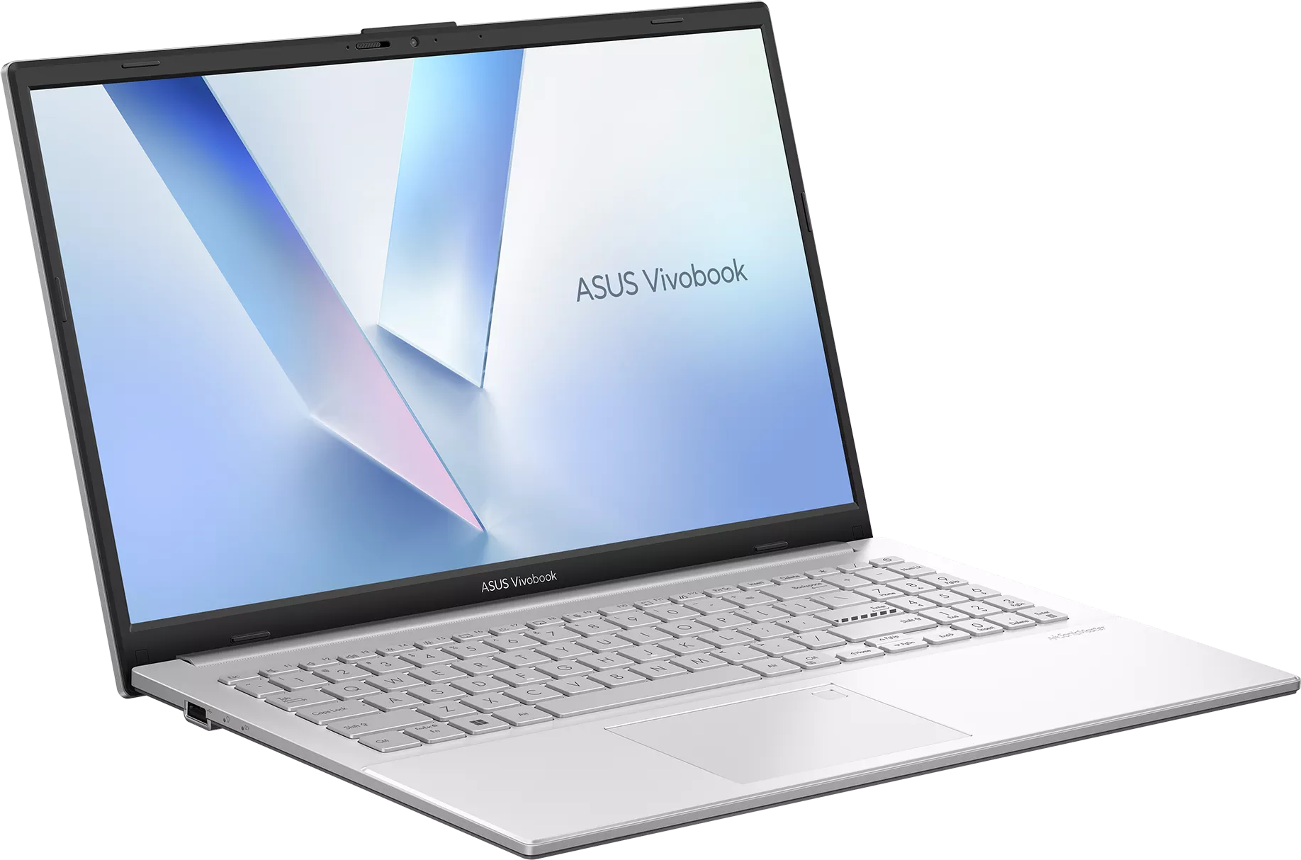Ezüst Asus Vivobook laptop világító billentyűzettel és absztrakt háttérképpel.