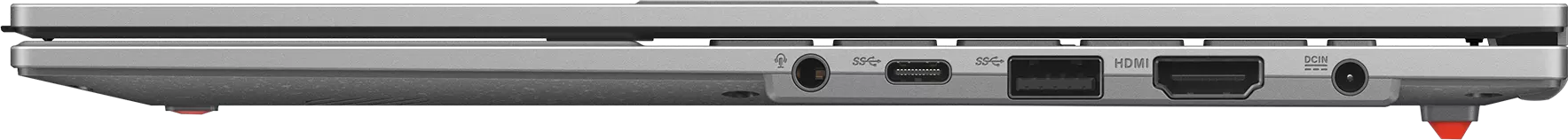 Ezüst laptop portokkal: fejhallgató, USB-C, USB-A, HDMI, DCIN.