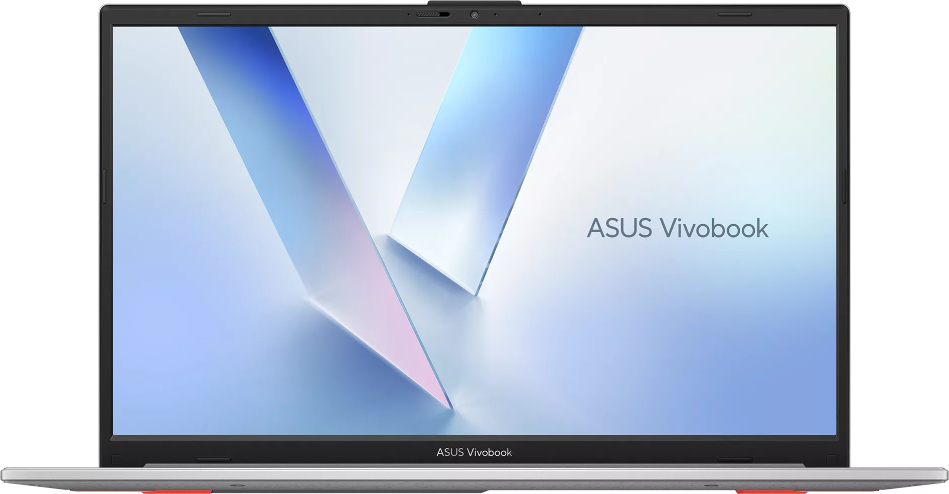 ASUS Vivobook laptop minimalista absztrakt háttérképpel, kék és rózsaszín geometriai formákkal.