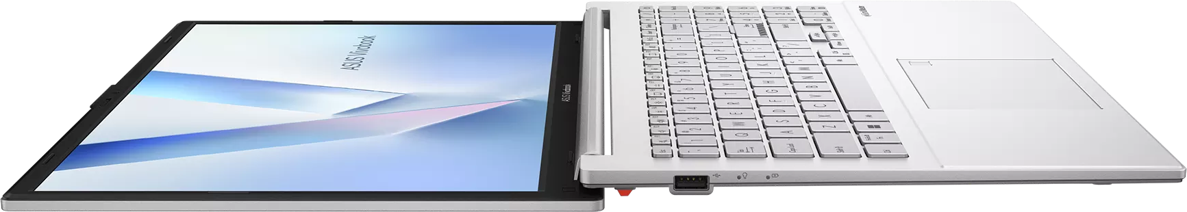 Egy nyitott, fehér Asus Vivobook laptop billentyűzettel és képernyővel.