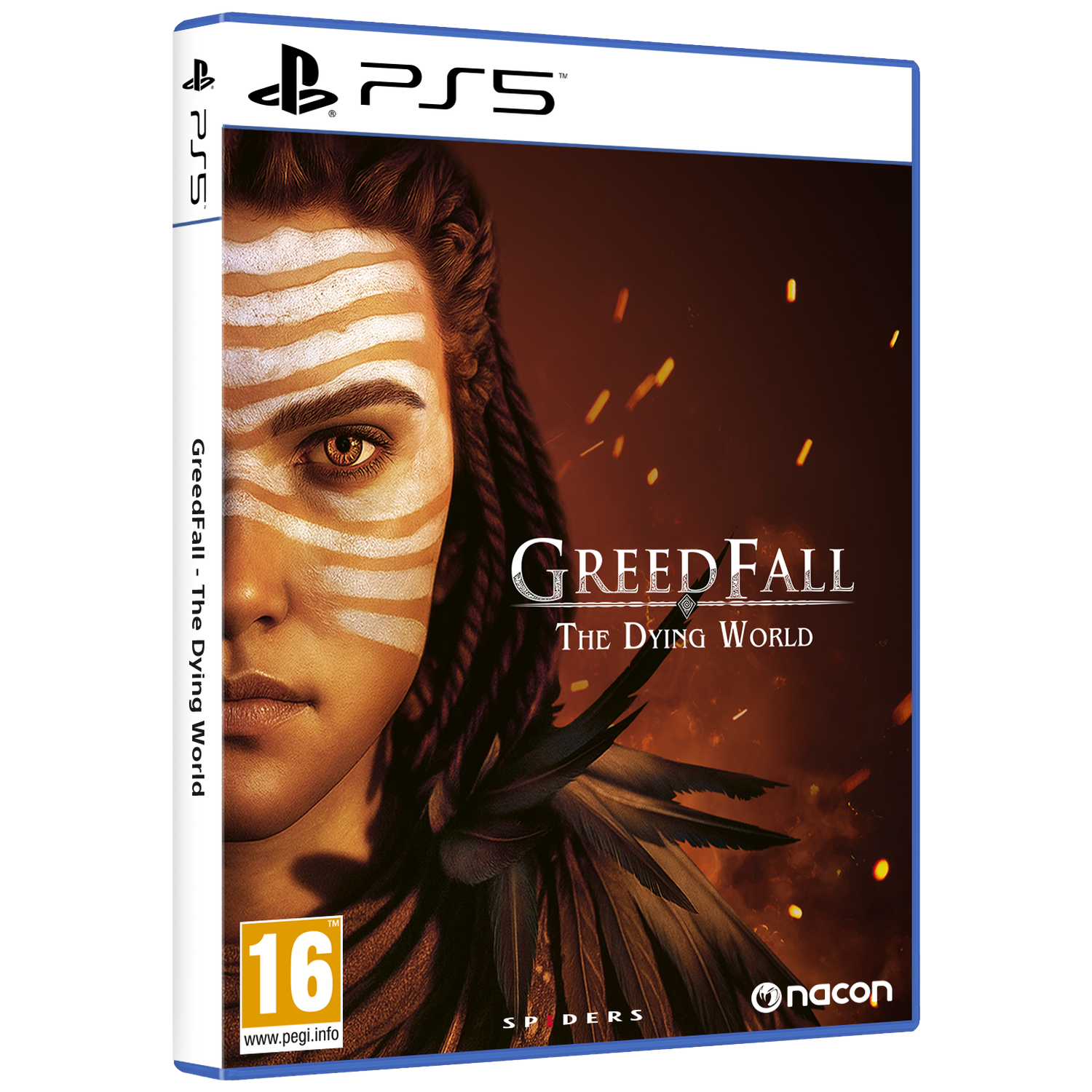 PS5 game cover: Vrouw met witte gezichtsverf, titel GreedFall.