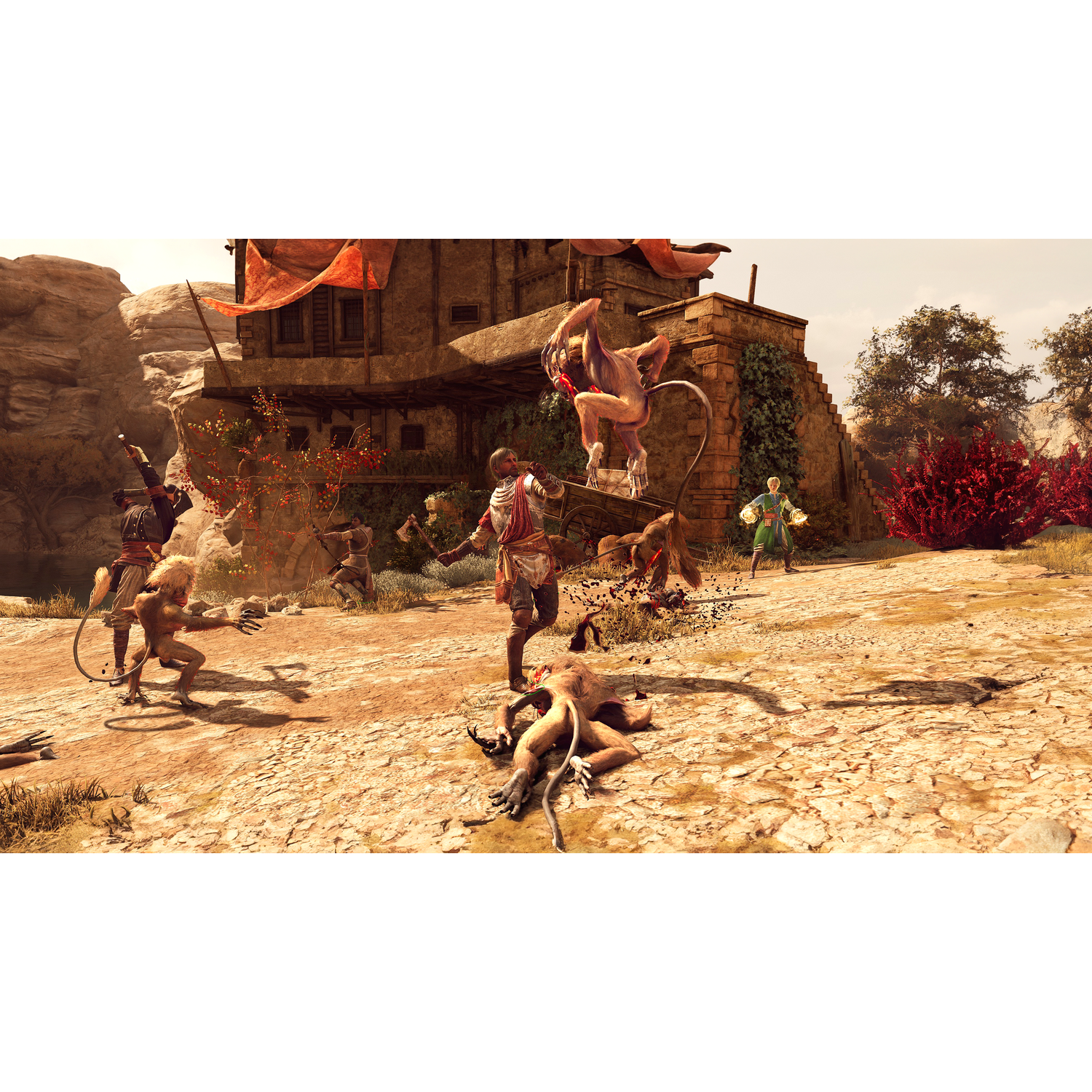 Gevecht tussen mensen en aapachtige wezens buiten een gebouw.
