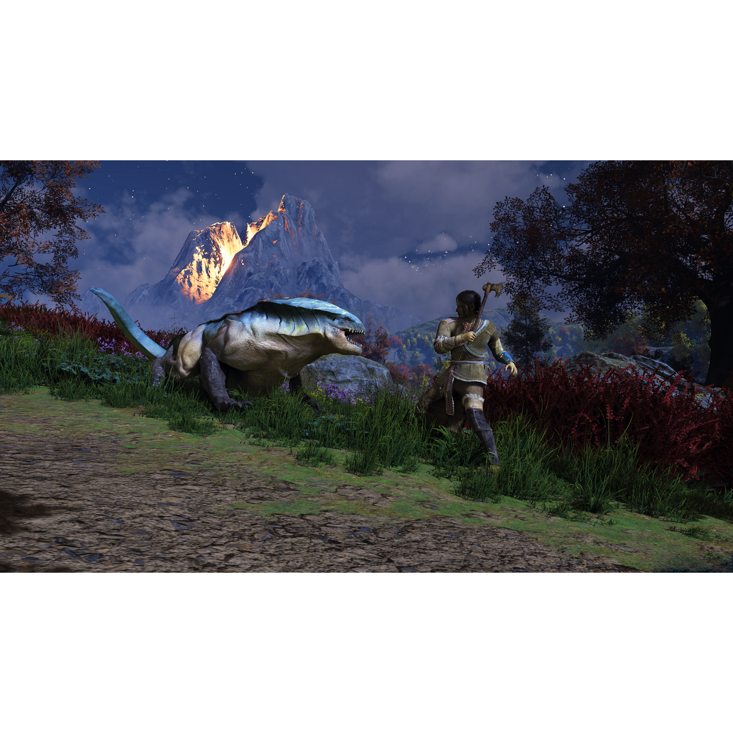 Een monster en een persoon staan in een veld voor een berg in de nacht.