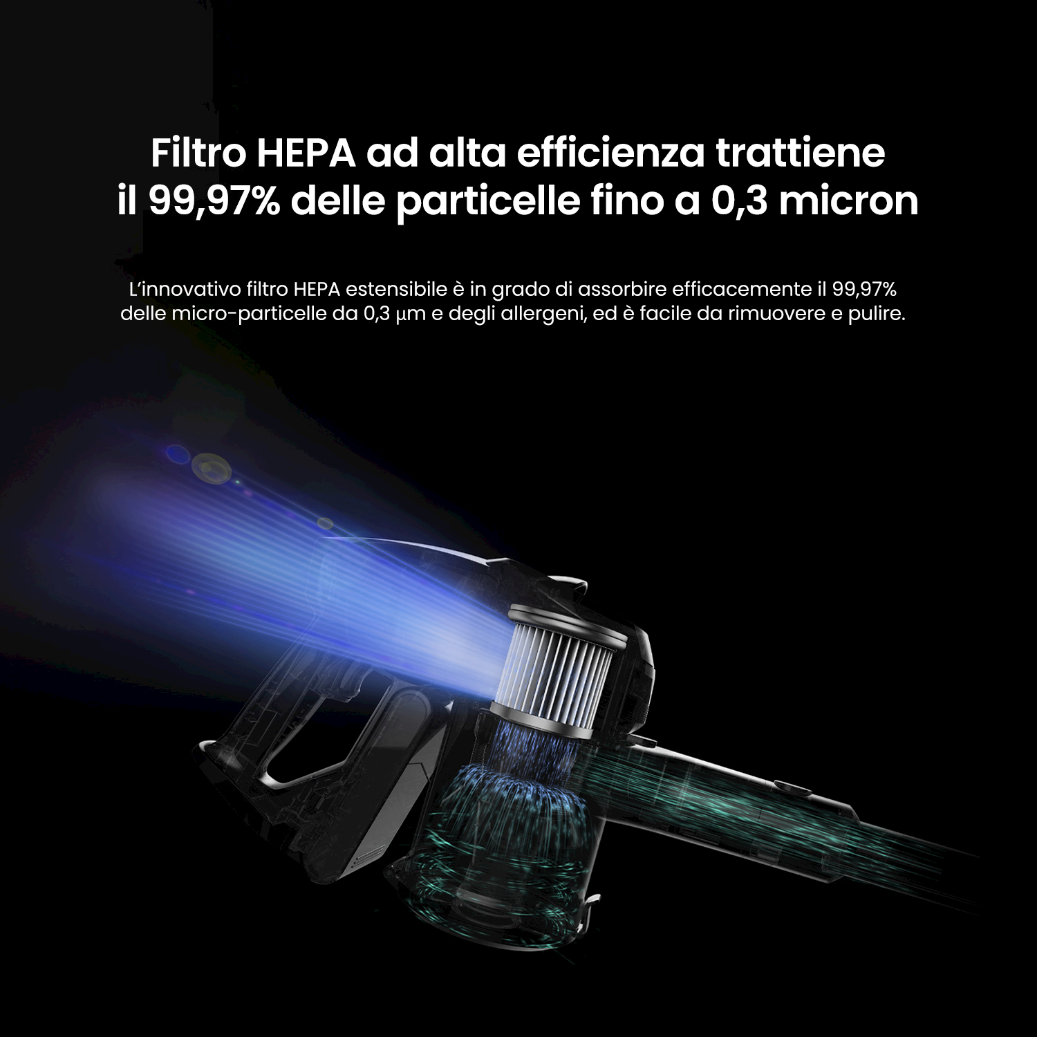 Un filtro HEPA ad alta efficienza trattiene il 99,97% delle particelle fino a 0,3 micron.