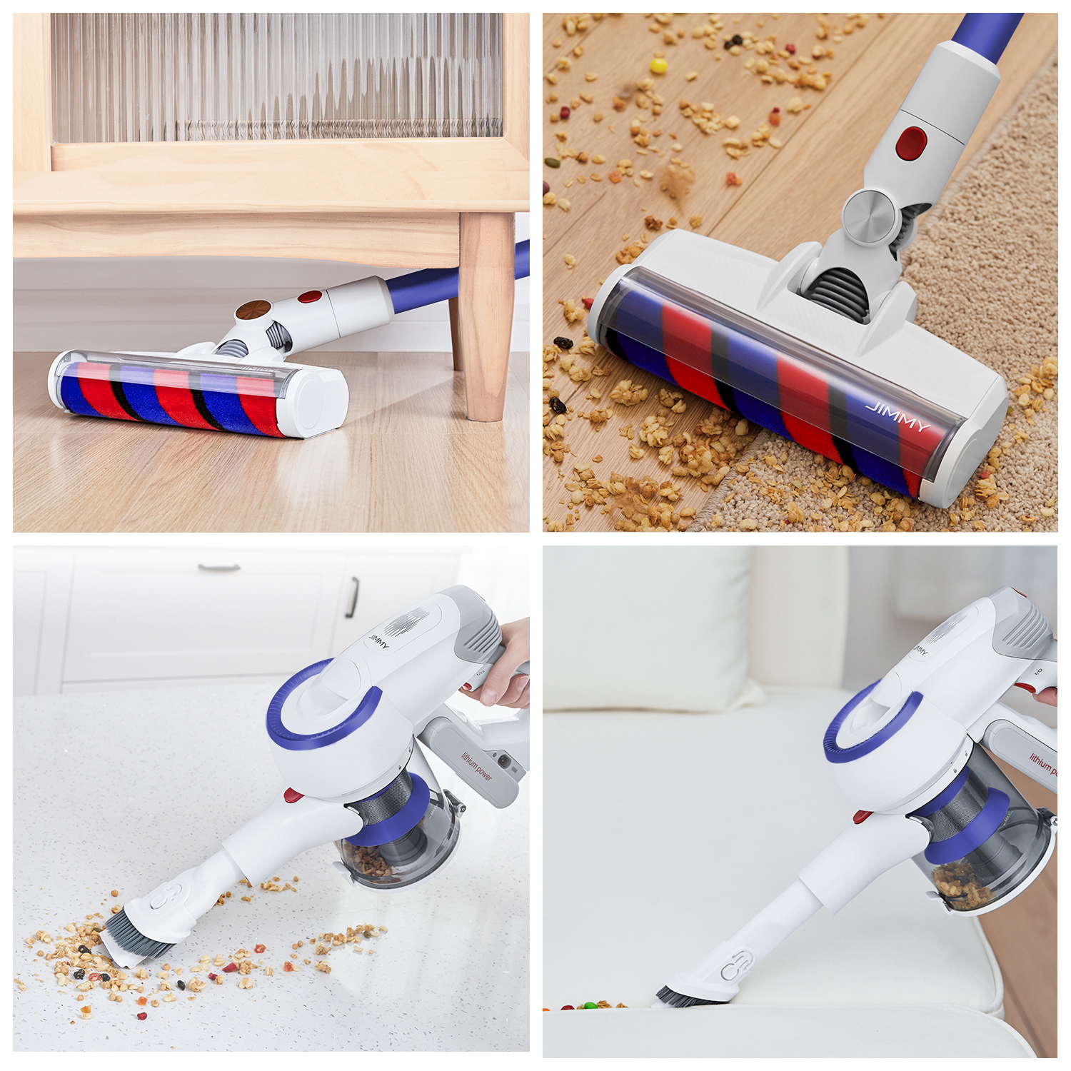 Un aspirapolvere senza fili pulisce sotto un mobile in legno.