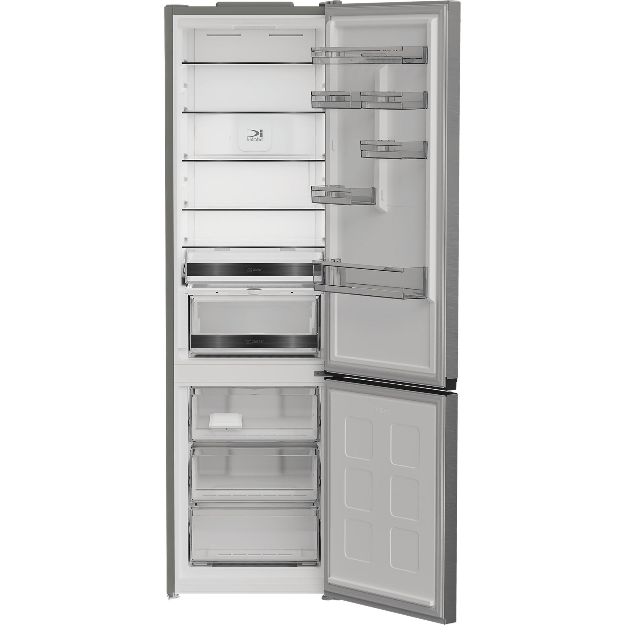 Offener Kühlschrank mit Regalen, Schubladen und Gefrierfächern.