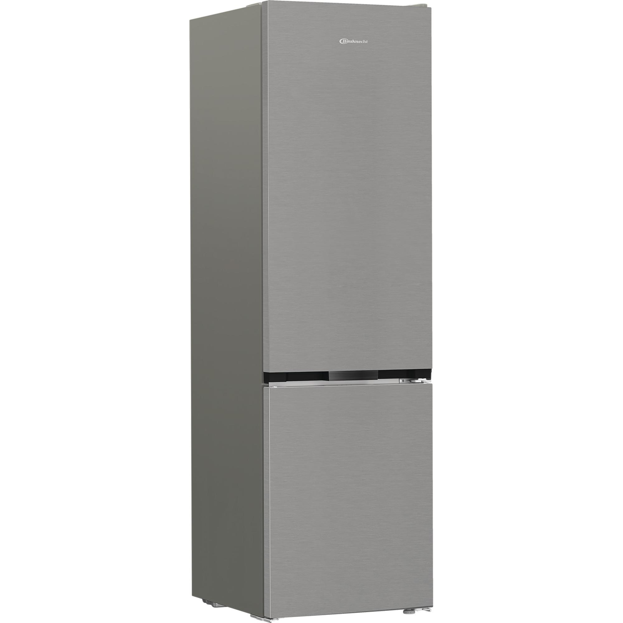 Ein schmaler, hoher silberner Kühlschrank mit zwei Türen, einer oben und einer unten.