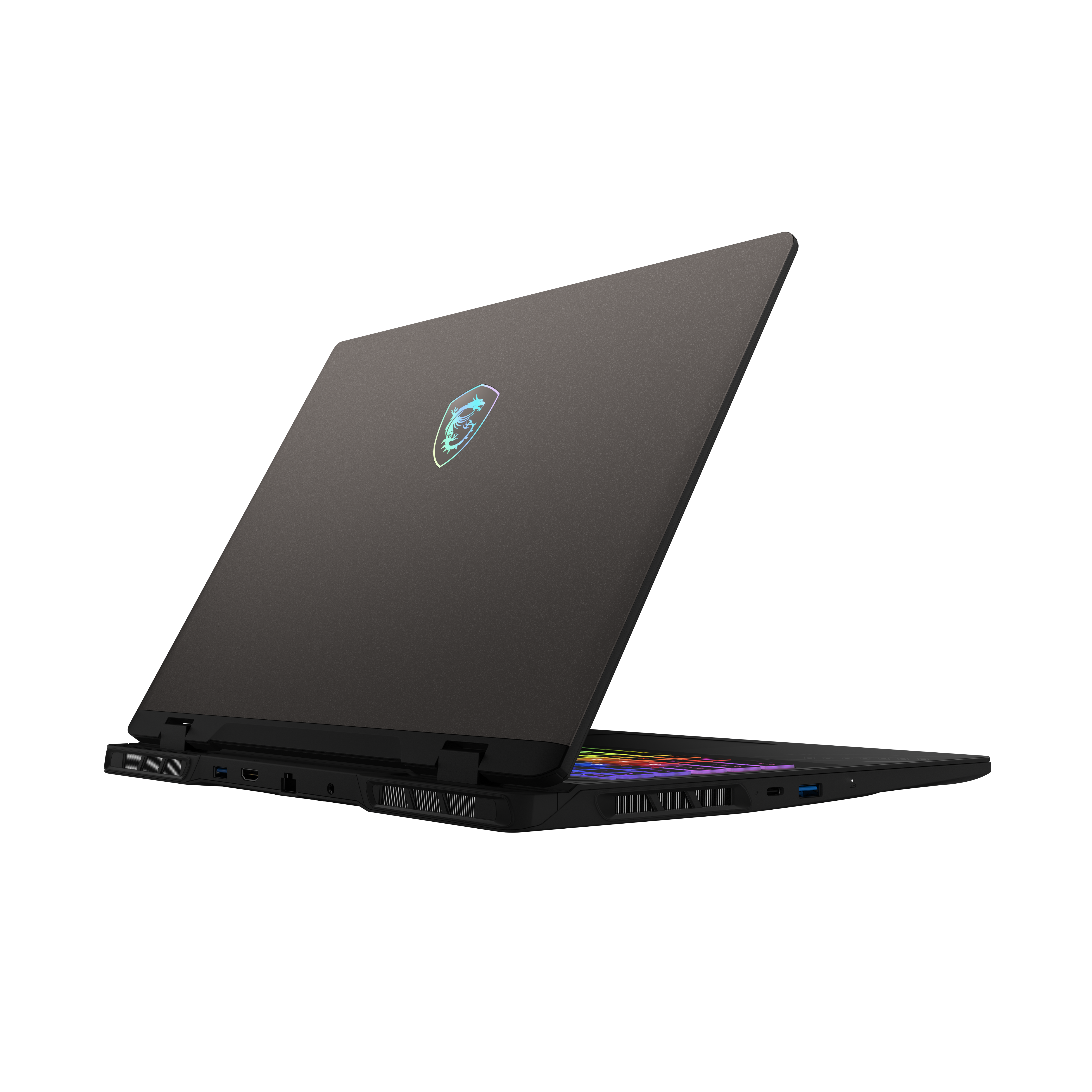Black laptop with a backlit keyboard and MSI logo on the lid.