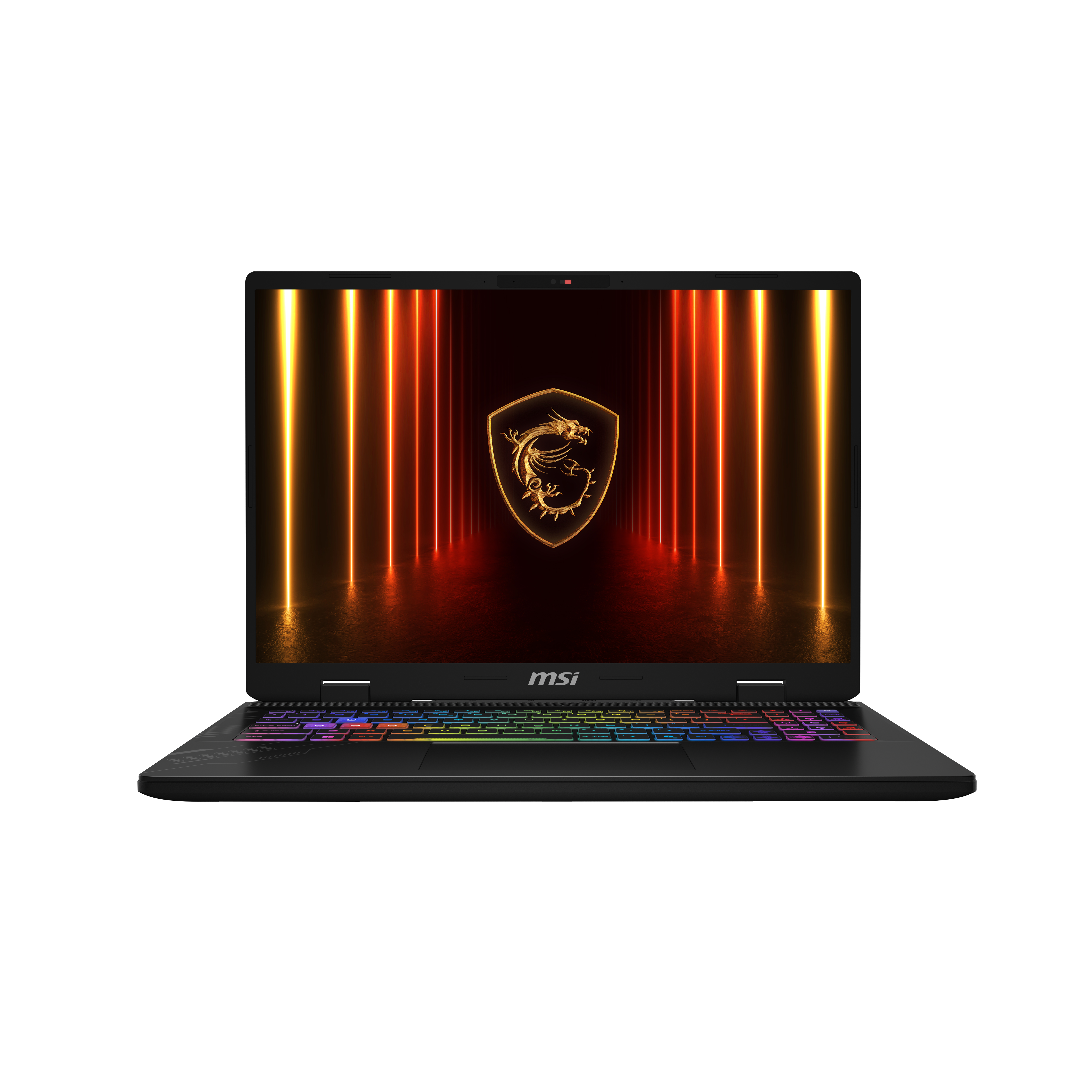 A black MSI laptop with a colorful backlit keyboard and a golden dragon emblem.