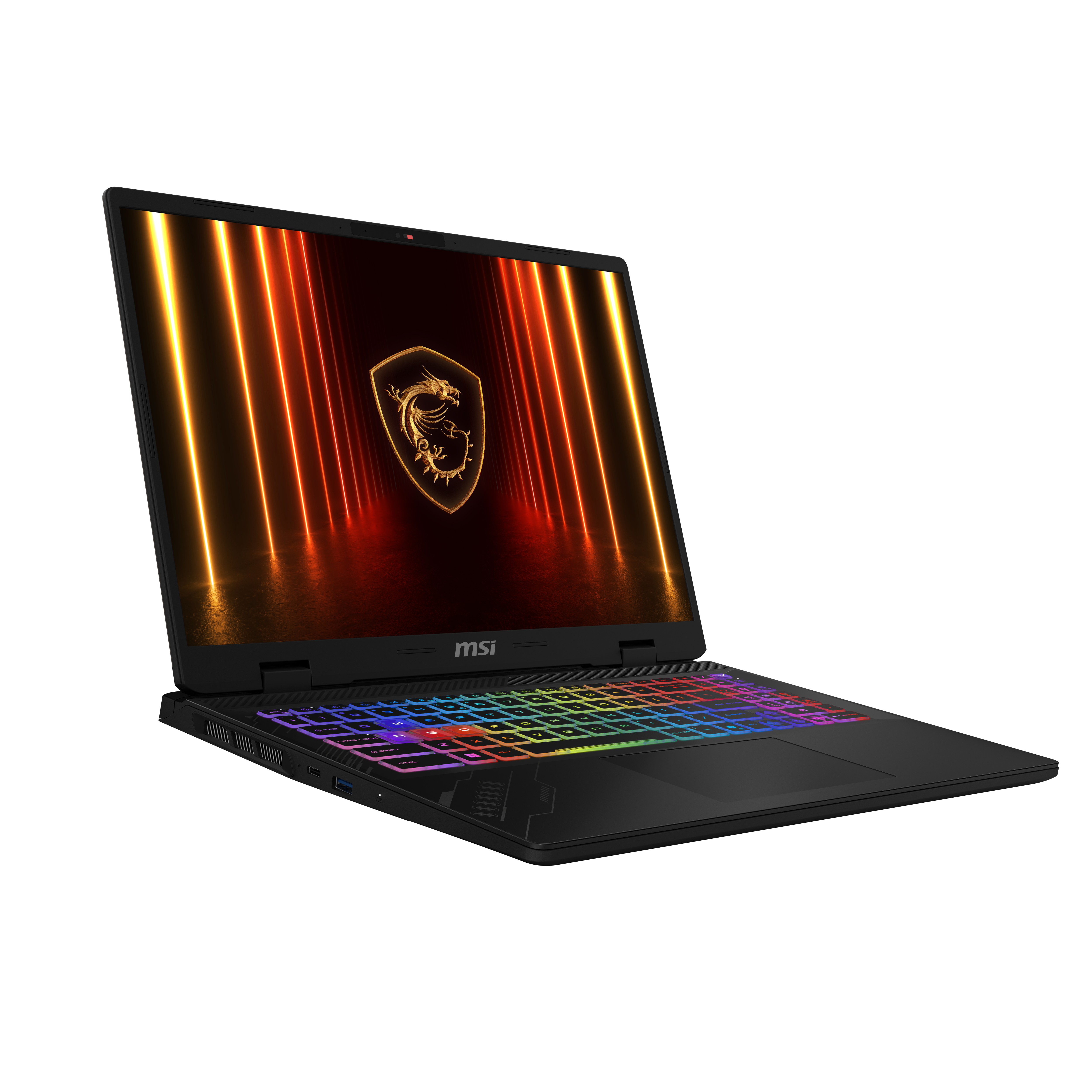 Black MSI laptop with illuminated keyboard and dragon logo on screen.