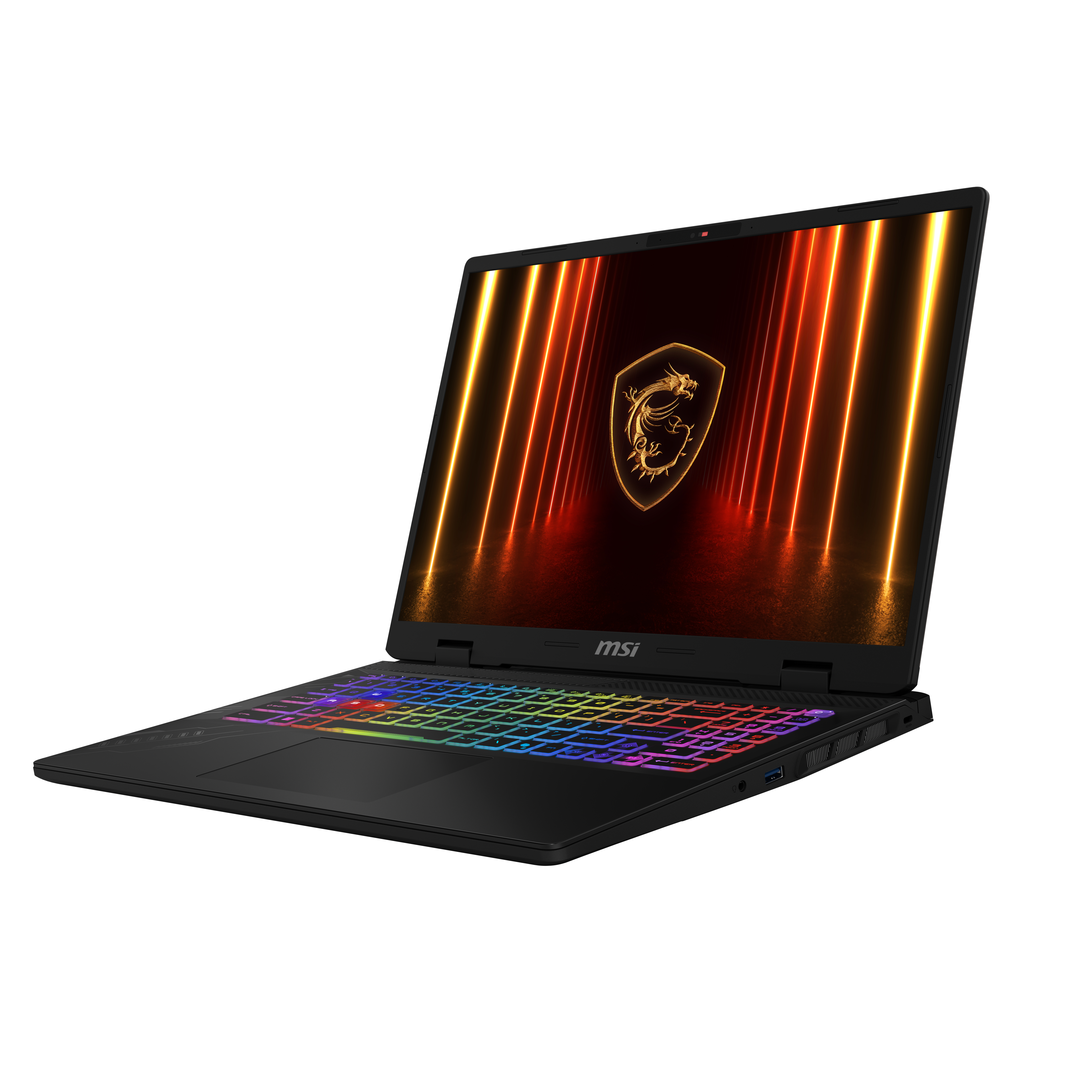 A black MSI gaming laptop with a colorful backlit keyboard and dragon logo.