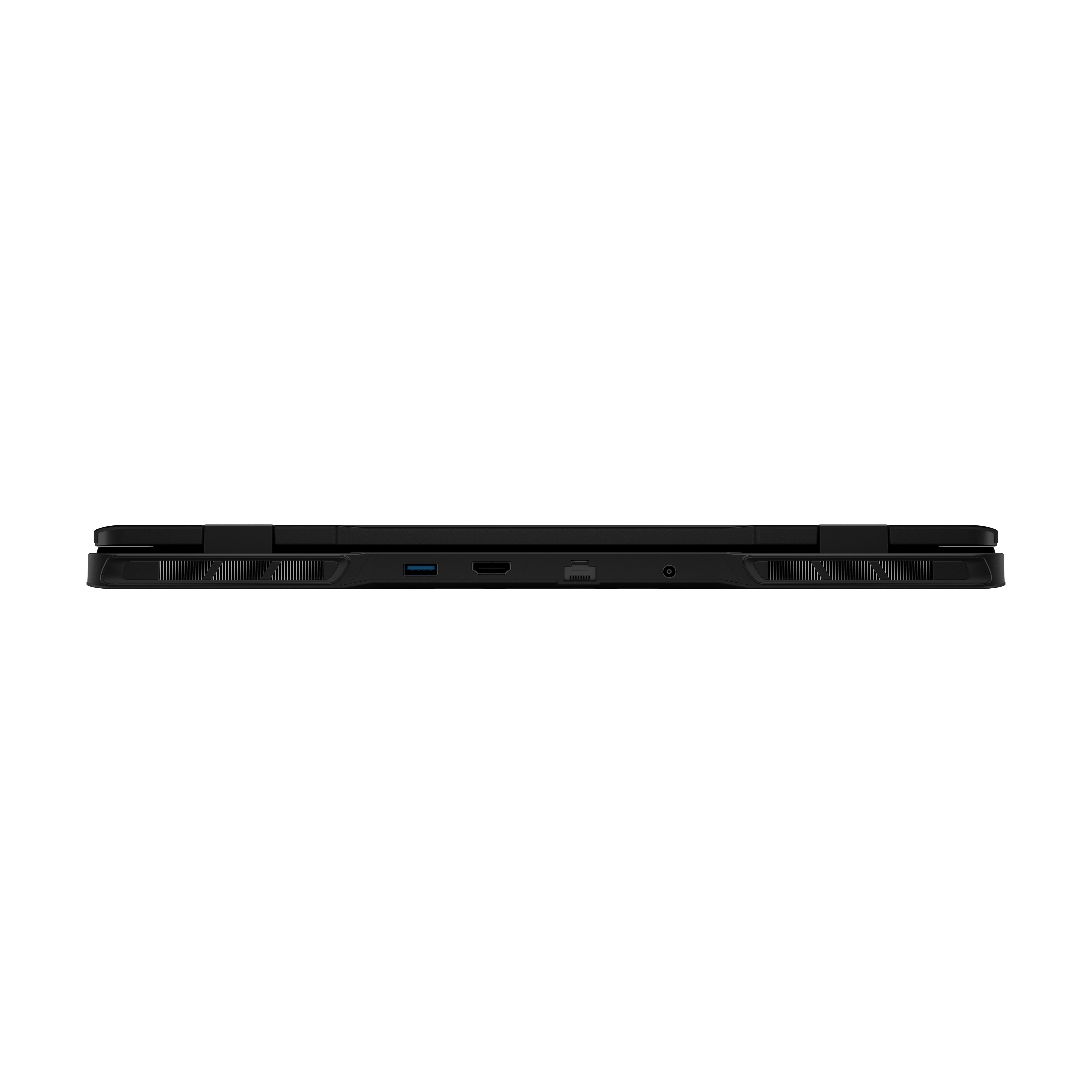 Black laptop with USB-C, HDMI, and Ethernet ports on the side.