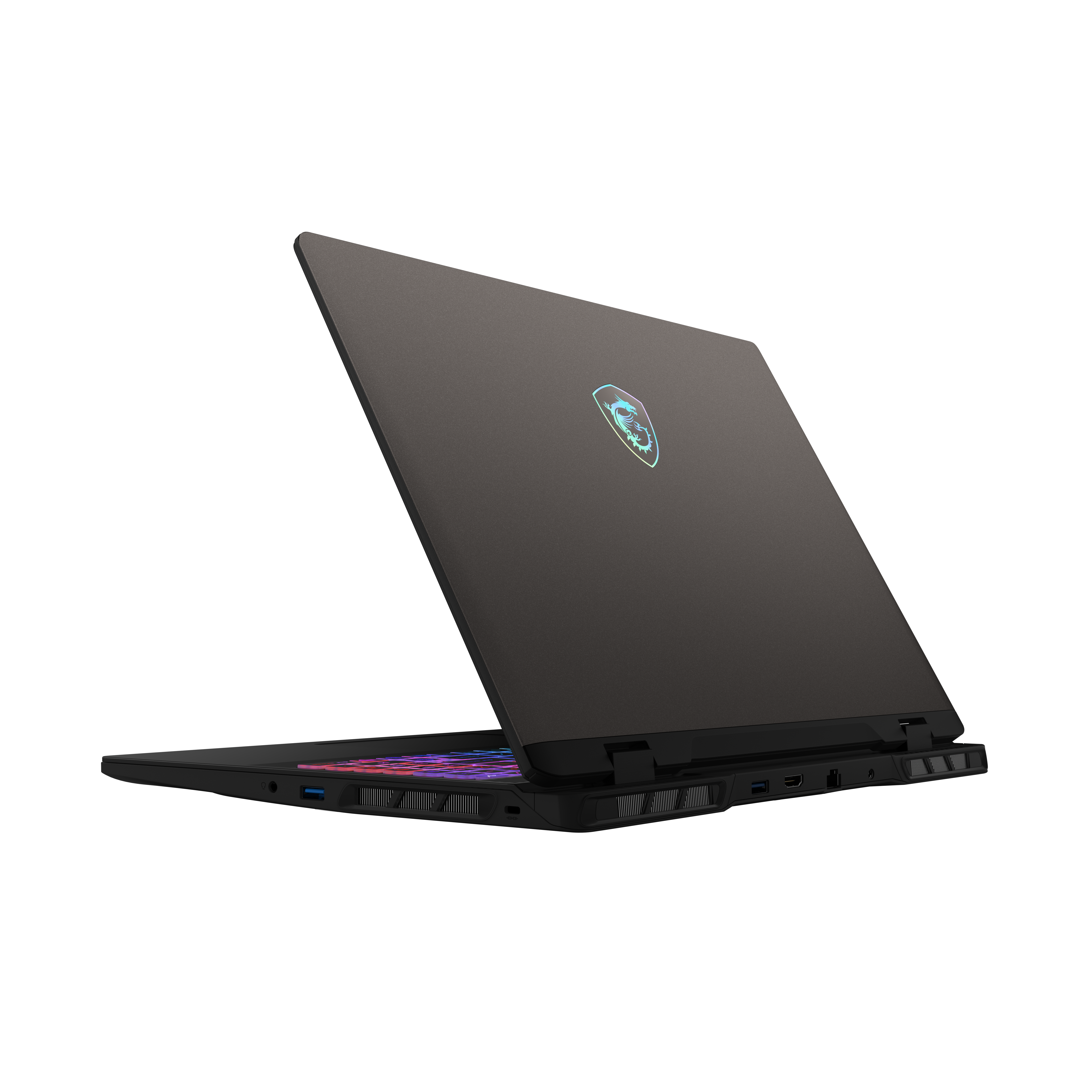 An open black MSI gaming laptop with a backlit keyboard.
