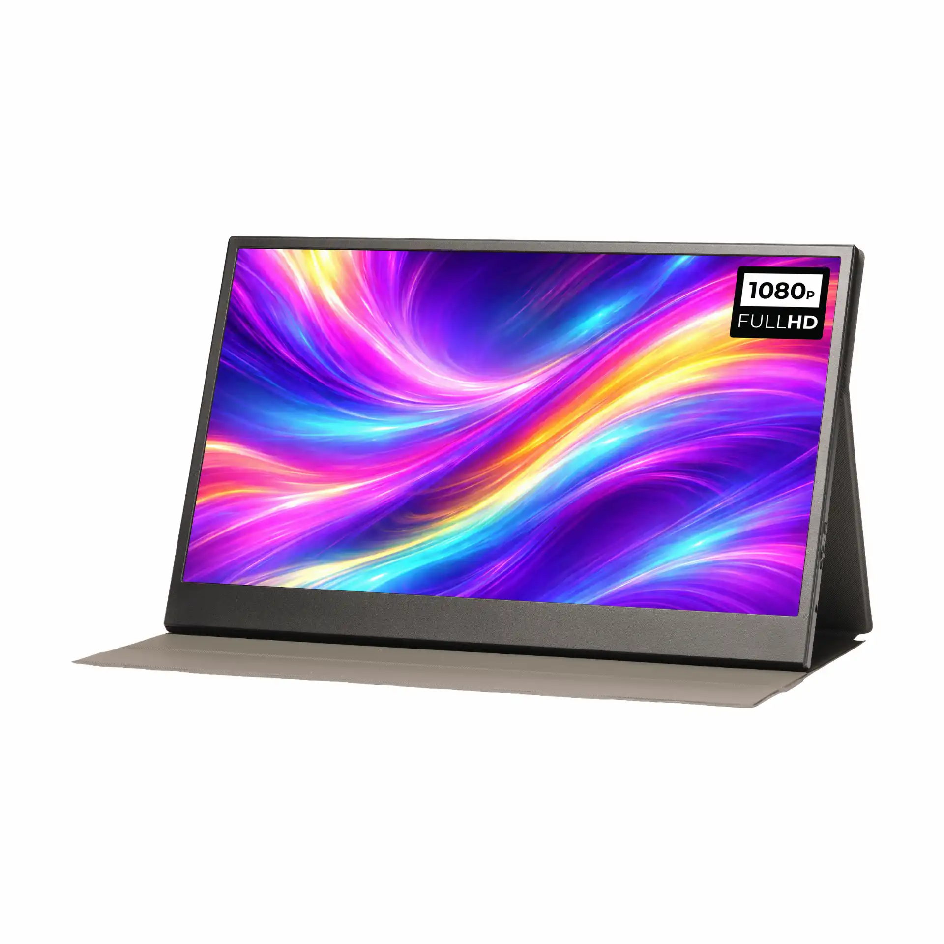 Egy hordozható monitor színes, absztrakt háttérrel és 1080p FULLHD matricával.