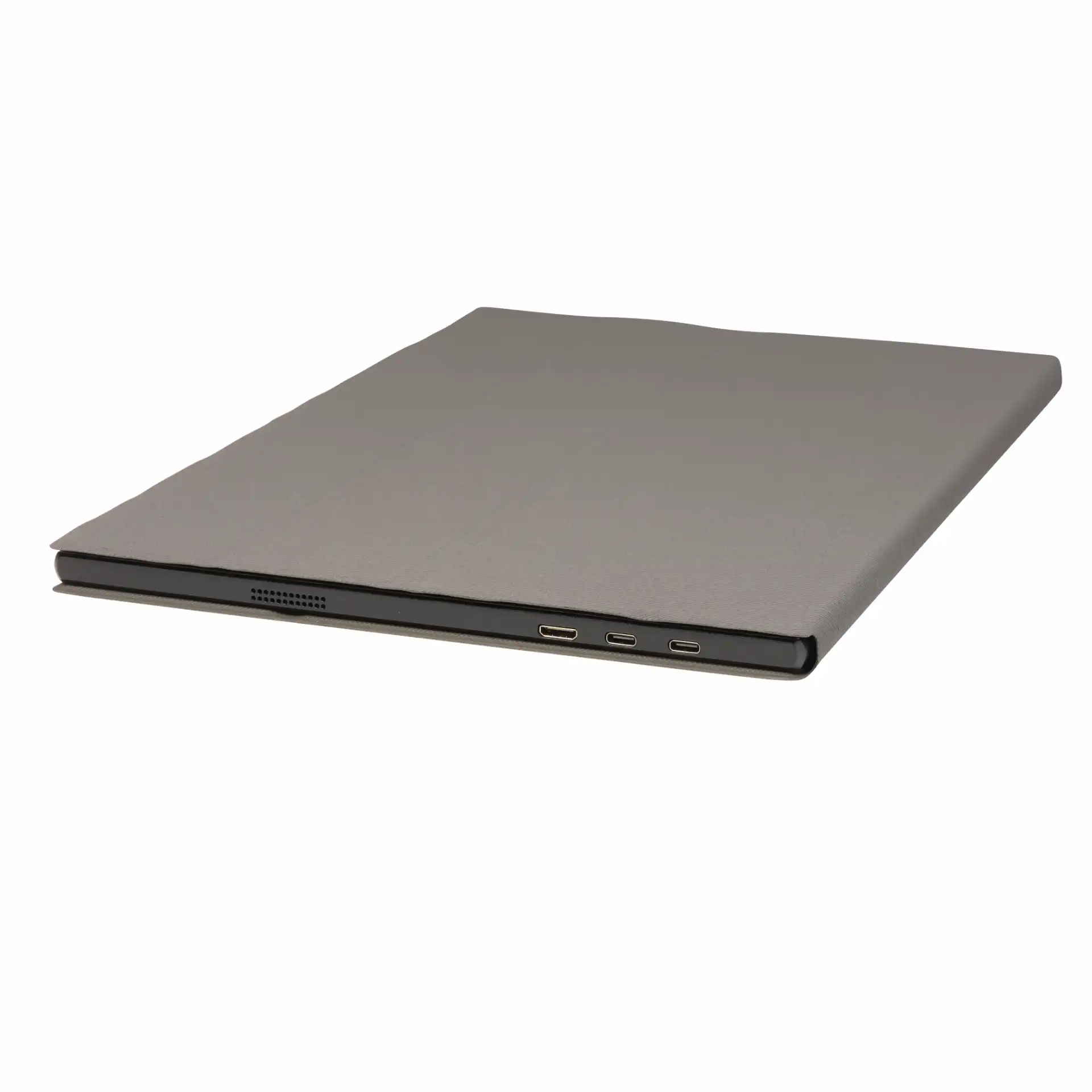 Szürke táblagép három USB-C porttal és hangszóróráccsal.