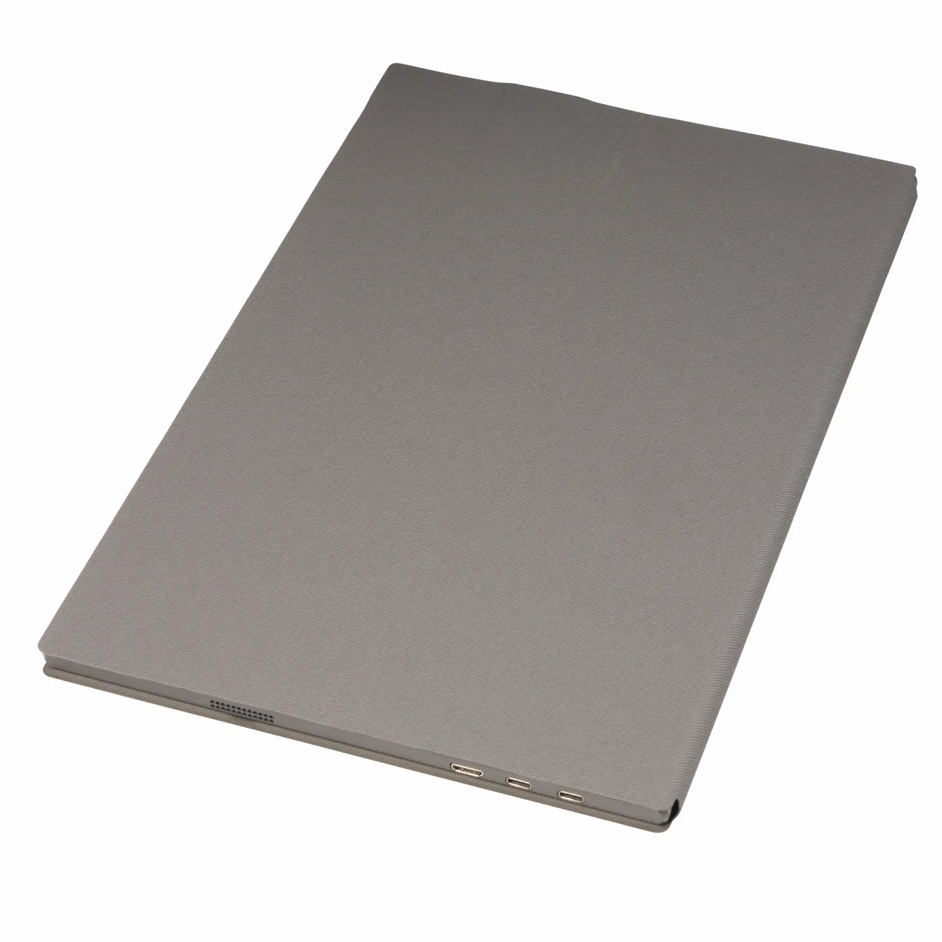 Szürke laptop bordázott felülettel, három USB-C porttal és szellőzőnyílásokkal.