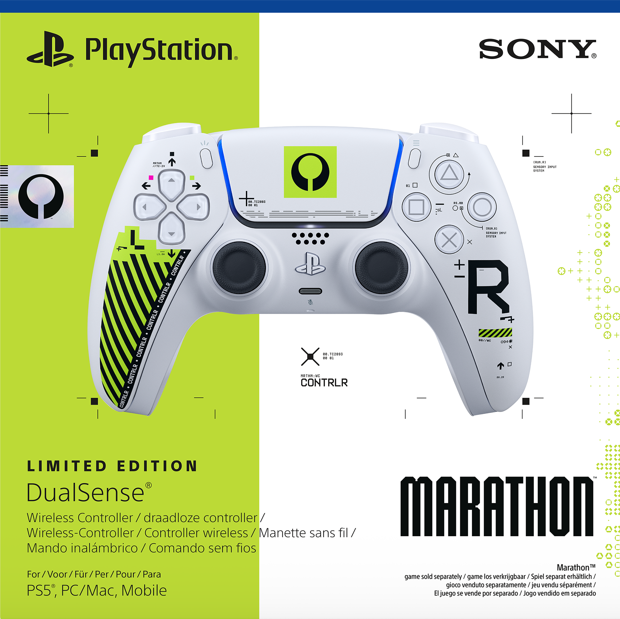 Ein weißer PlayStation DualSense Controller mit grünem Design und "MARATHON"-Schriftzug.