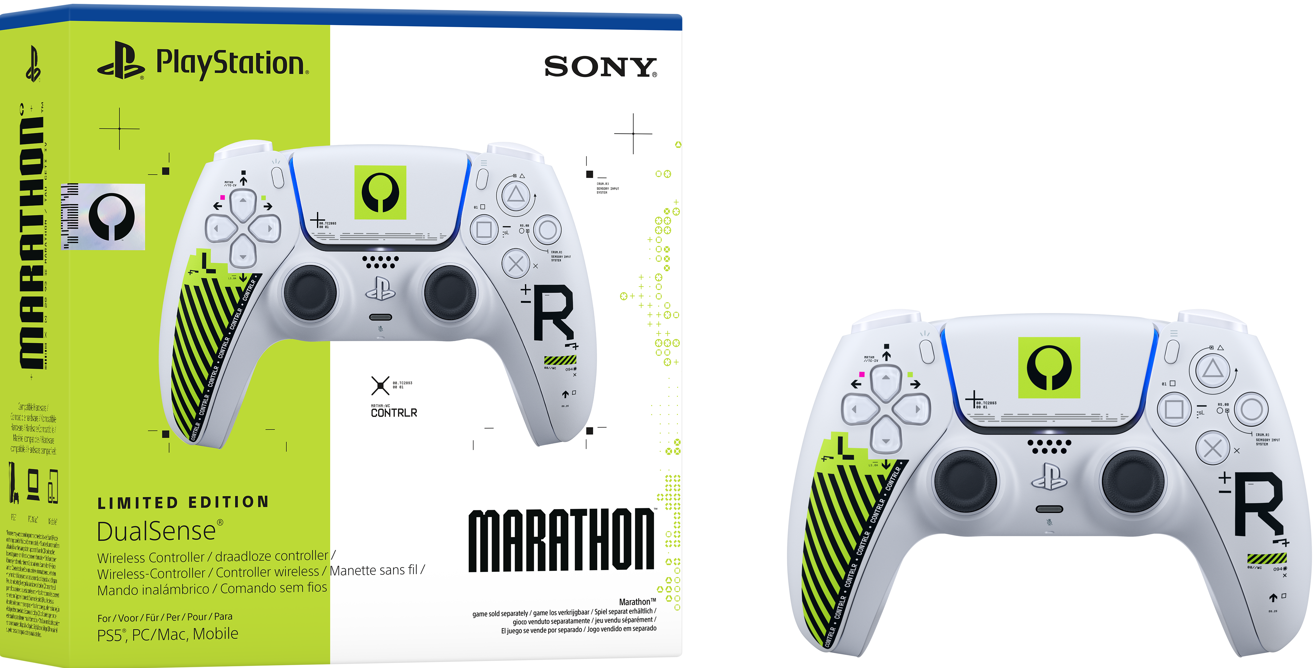 Eine weiße PlayStation DualSense "Marathon" Edition Controller-Box und ein Controller.