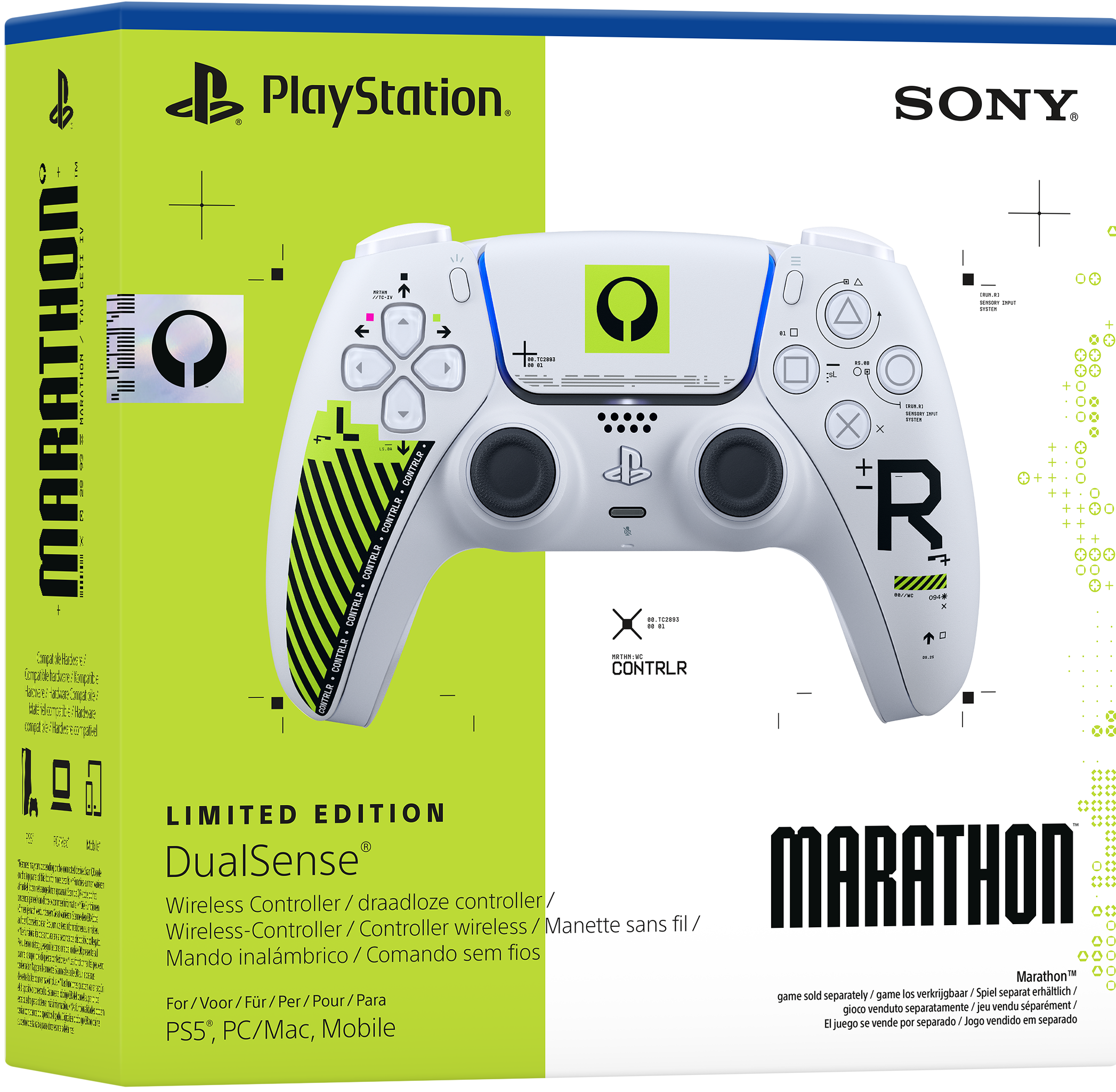 Verpackung eines weißen PlayStation DualSense Controllers mit "MARATHON"-Branding und grünen Akzenten.