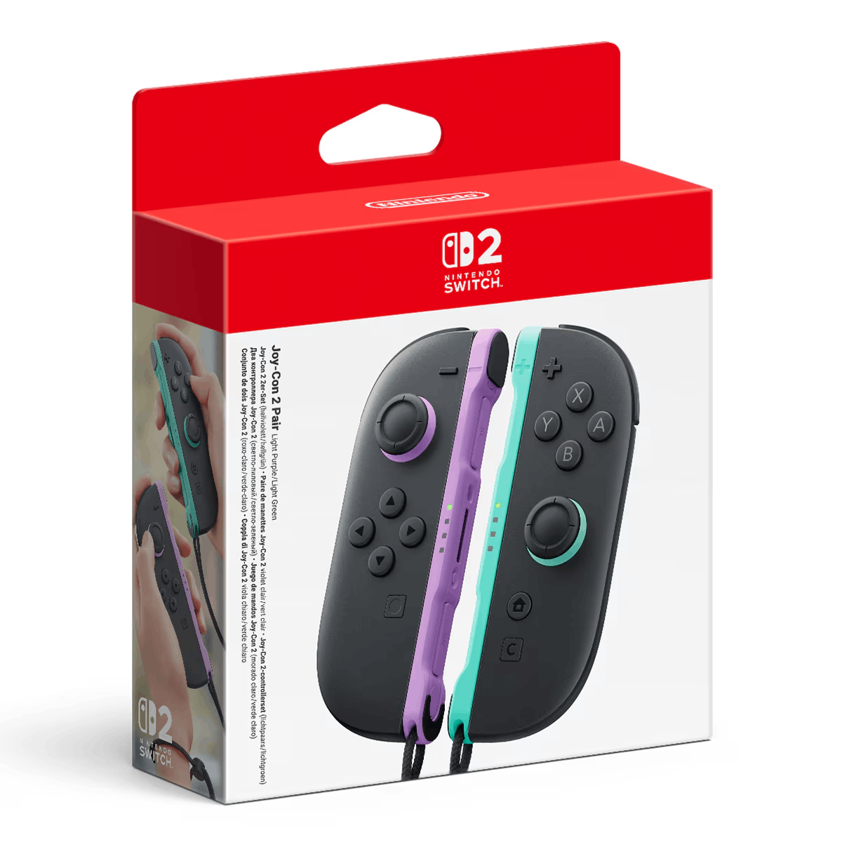 Joy-Cons de Nintendo Switch en morado y verde en caja.