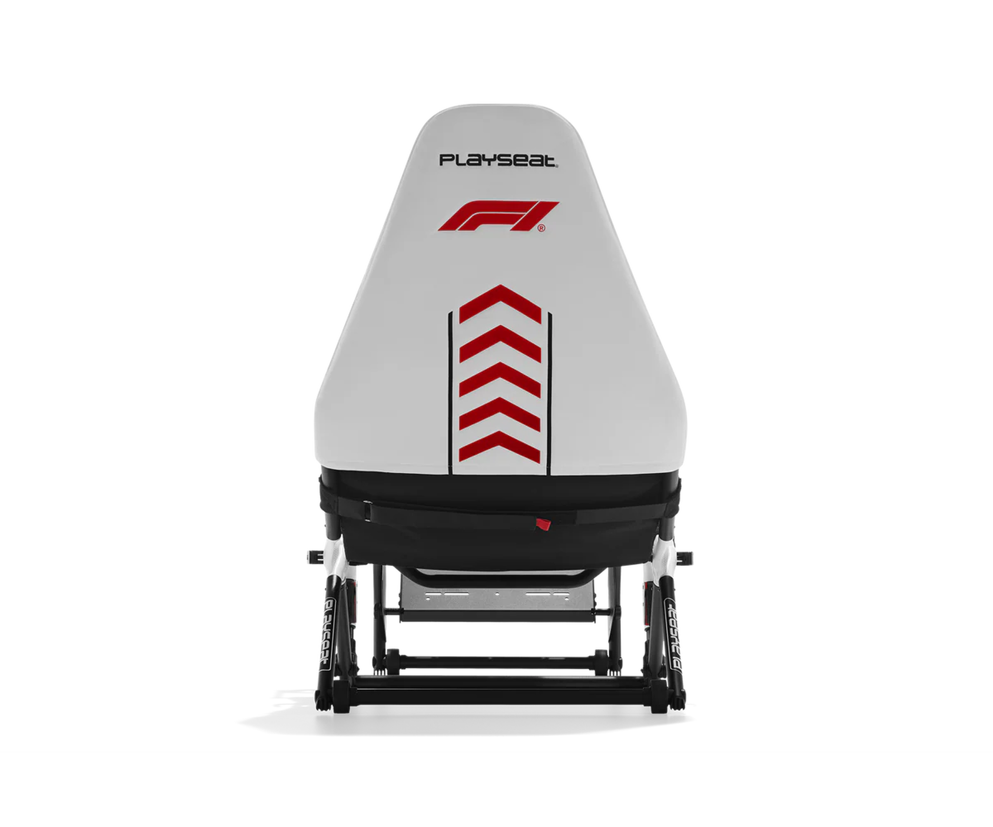 Asiento blanco para juegos de carreras con logo F1 y chevrones rojos.