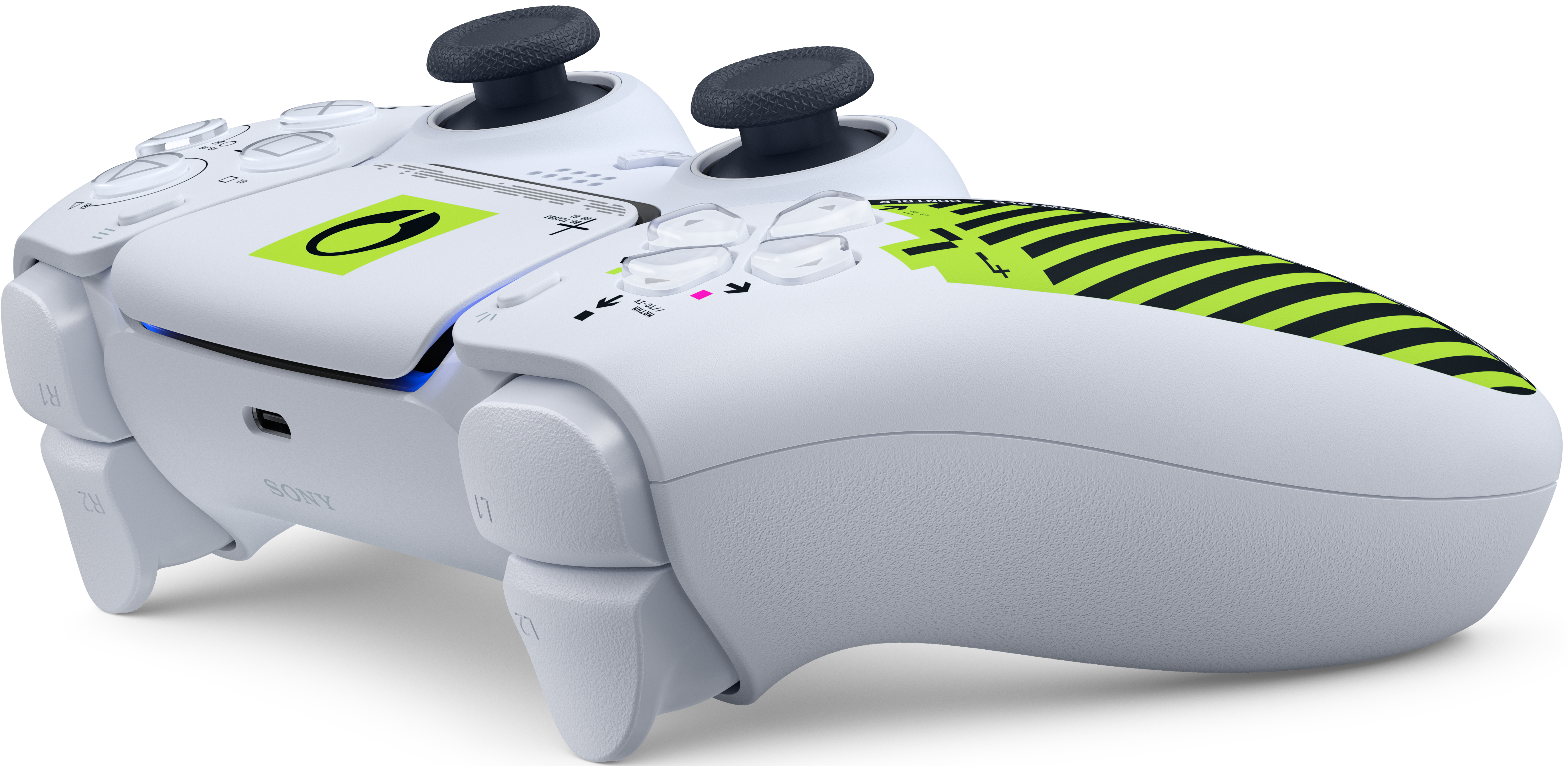 Ein weißer Controller mit schwarzen und grünen Streifen und Symbolen.